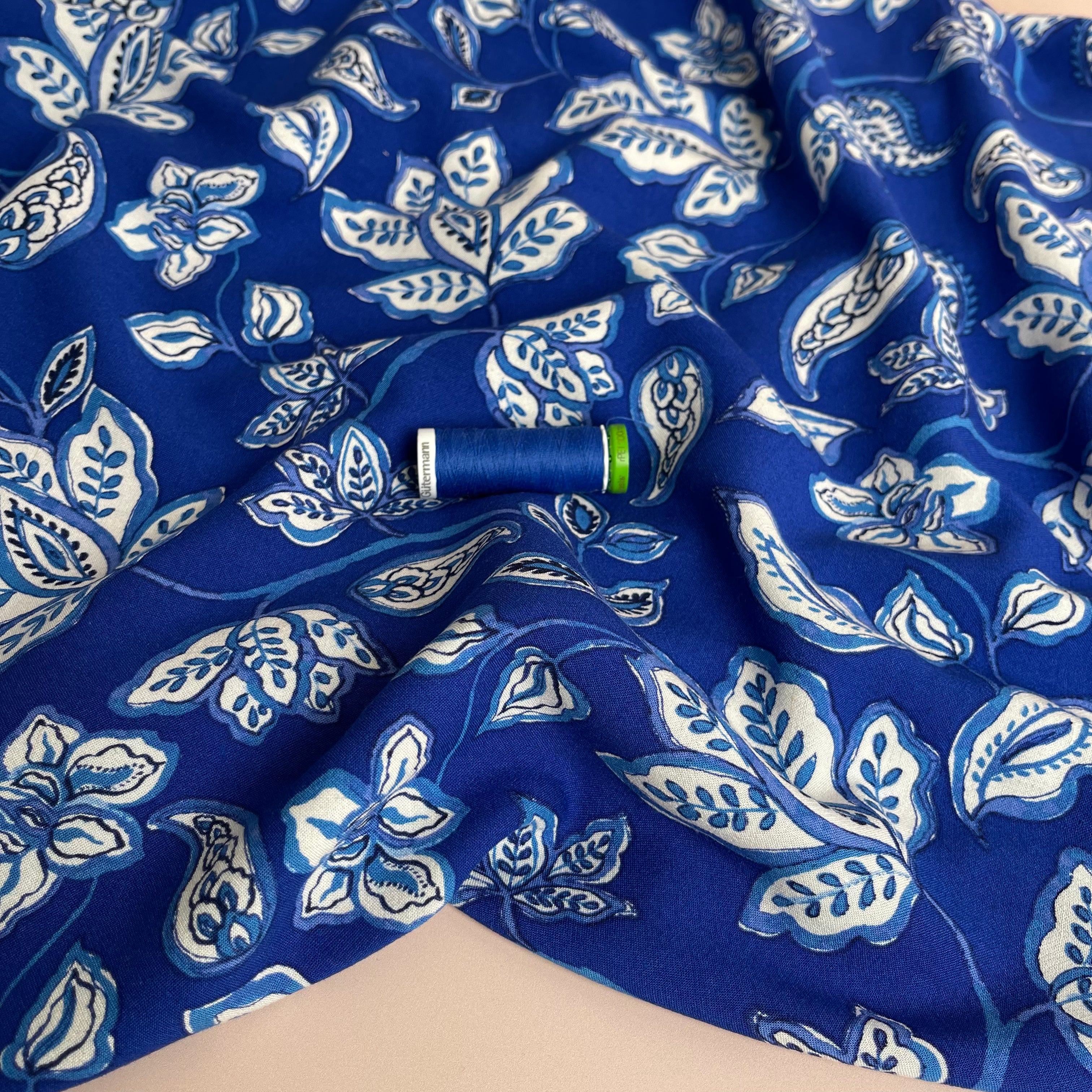 Blue Block Print Linen Viscose Blend Fabric