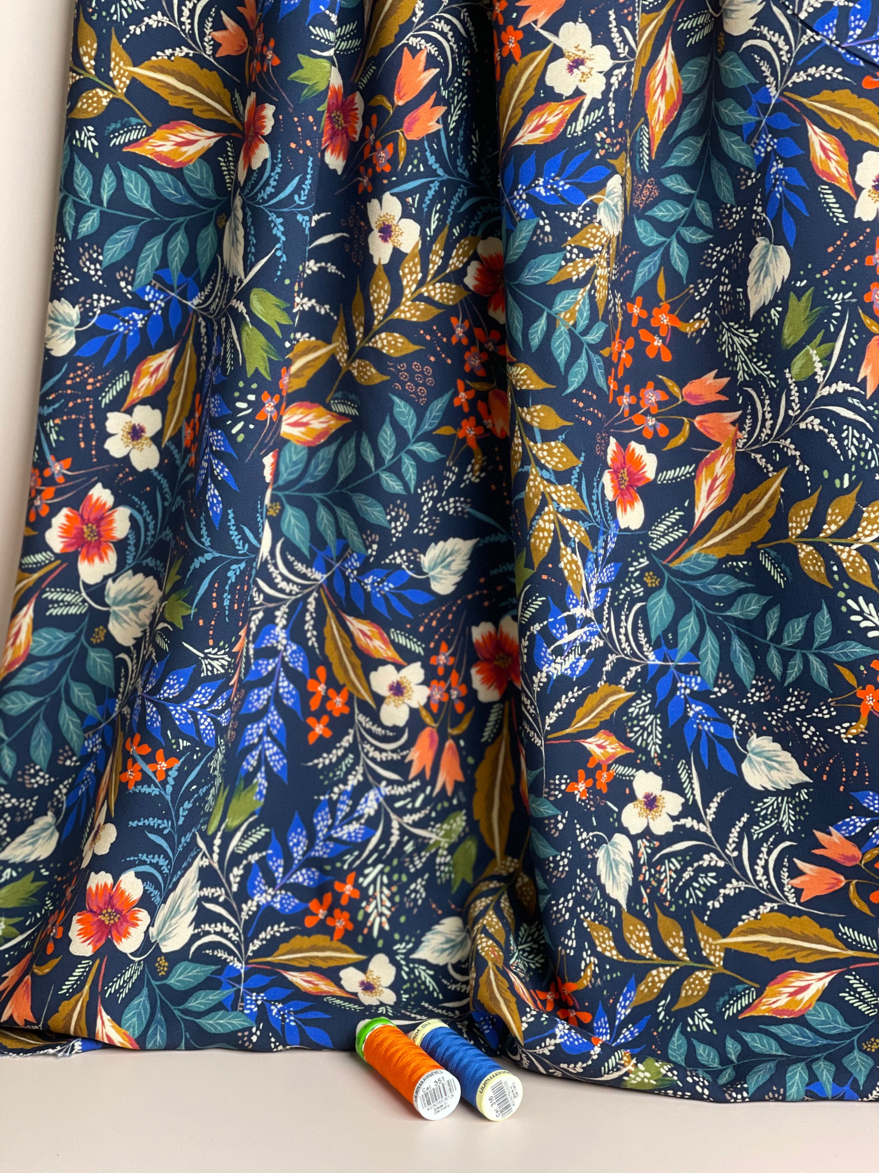 REMNANT 0.7 Metre - Atelier Jupe - Blue Autumn Print Viscose Fabric