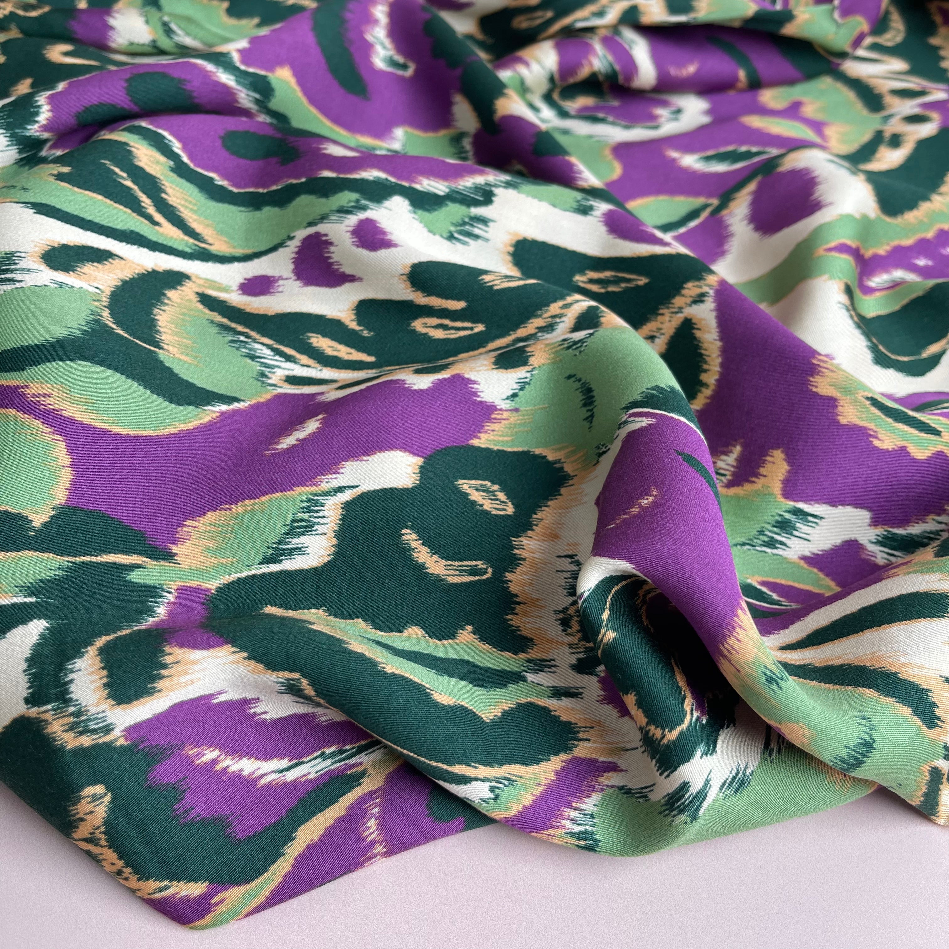 REMNANT 0.65 Metres - Hazy Paisley Purple and Green Viscose Sateen Fabric