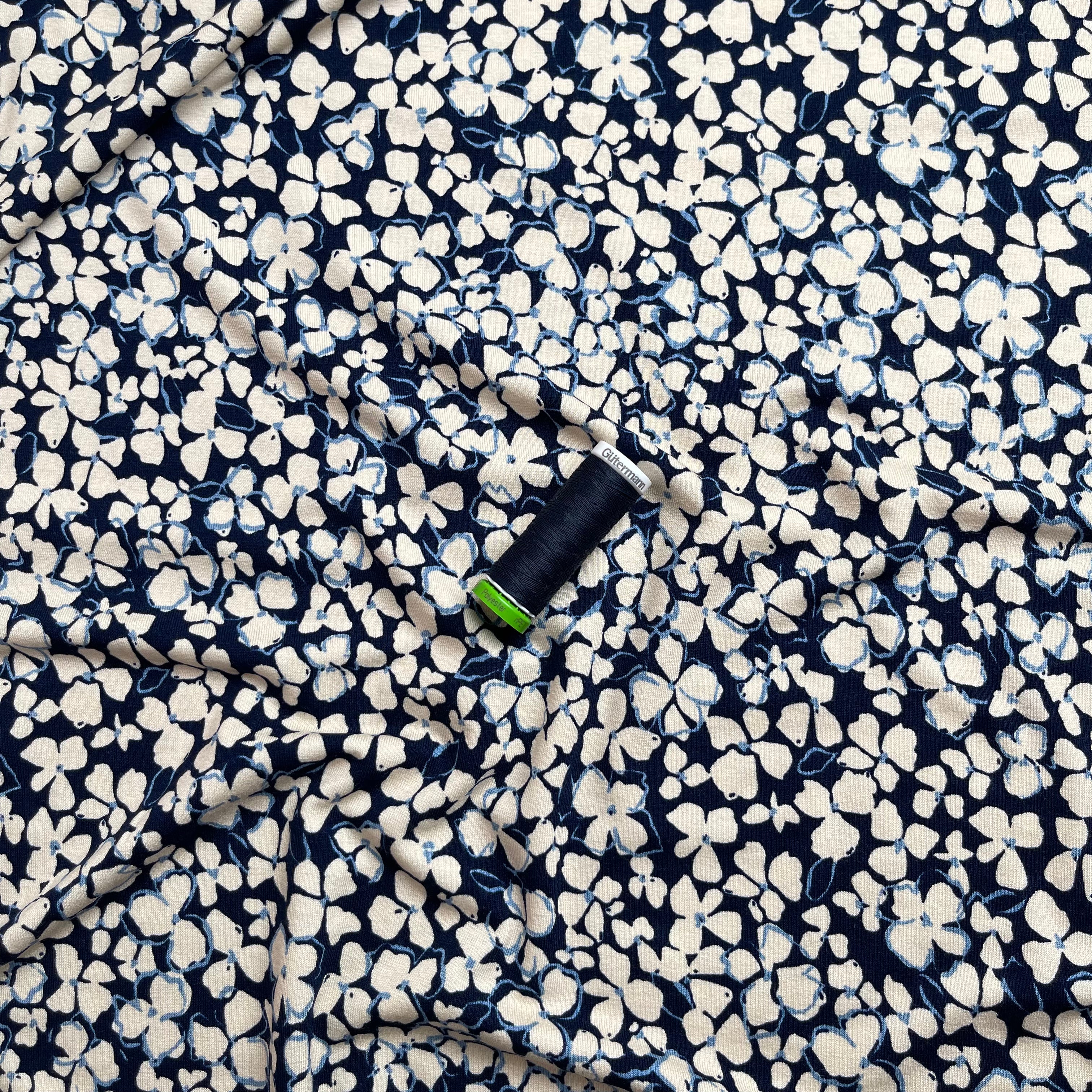 REMNANT 1 Metres - Petals on Navy Viscose Jersey Fabric
