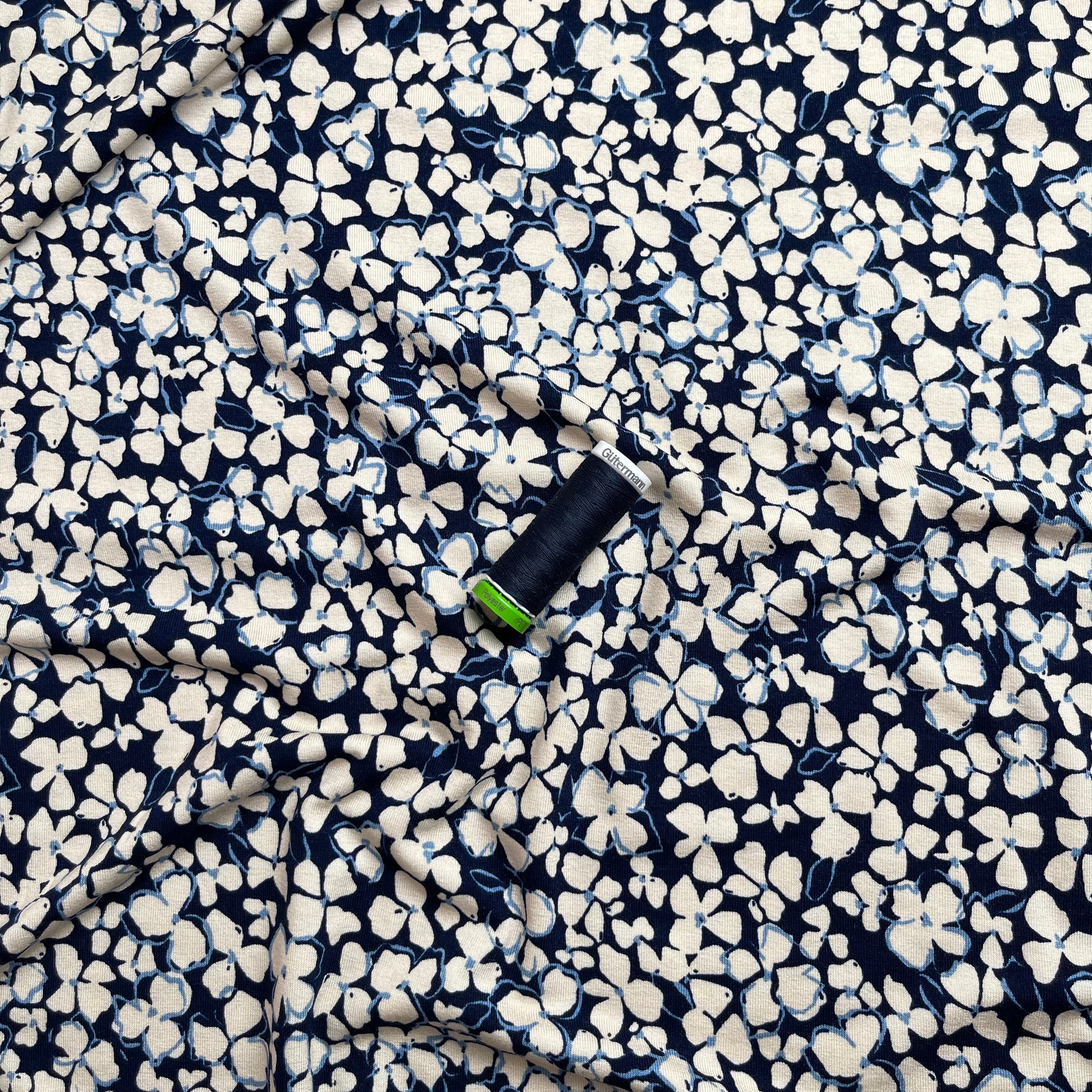 REMNANT 2.09 Metres - Petals on Navy Viscose Jersey Fabric