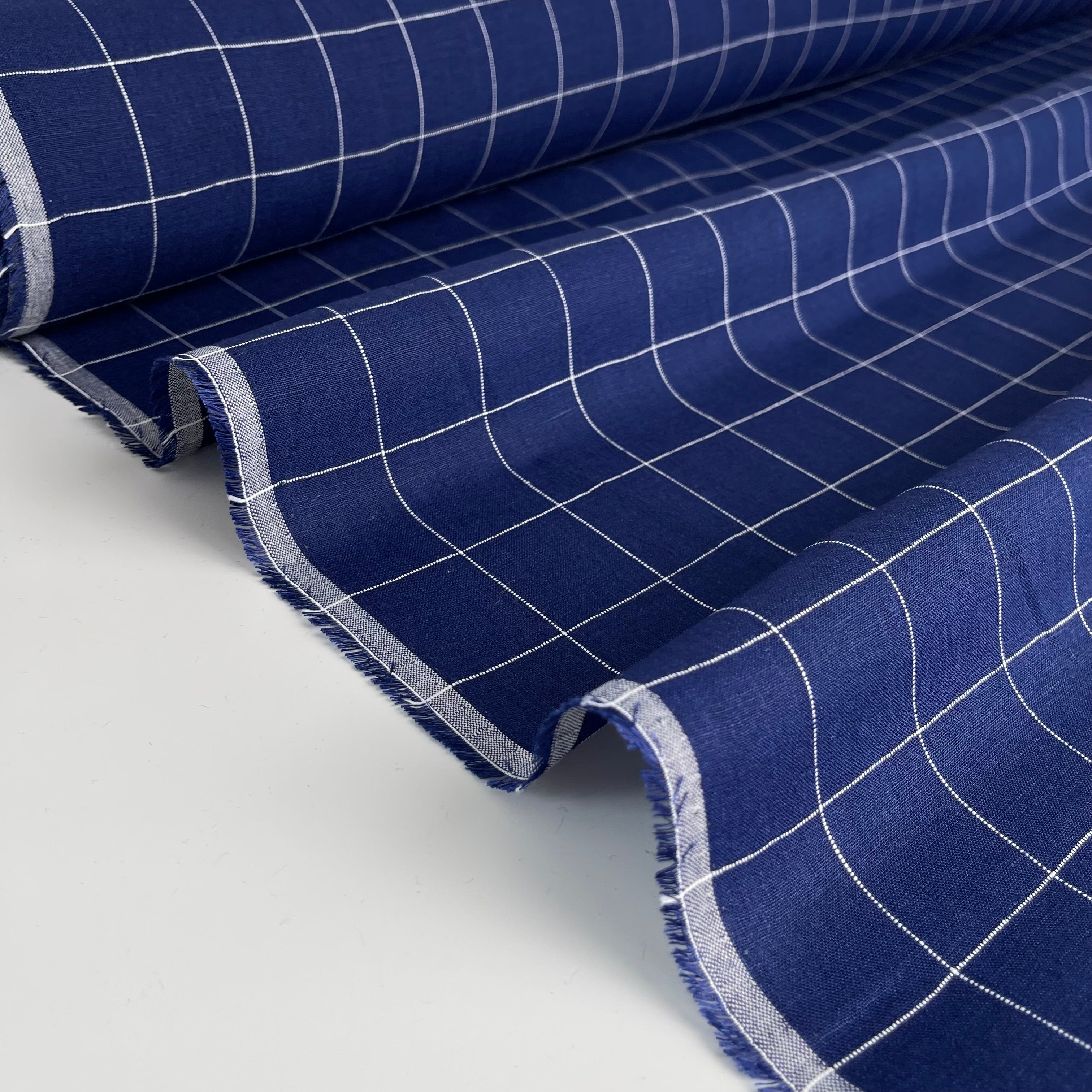 Monochrome Checks Cobalt Blue Linen Fabric