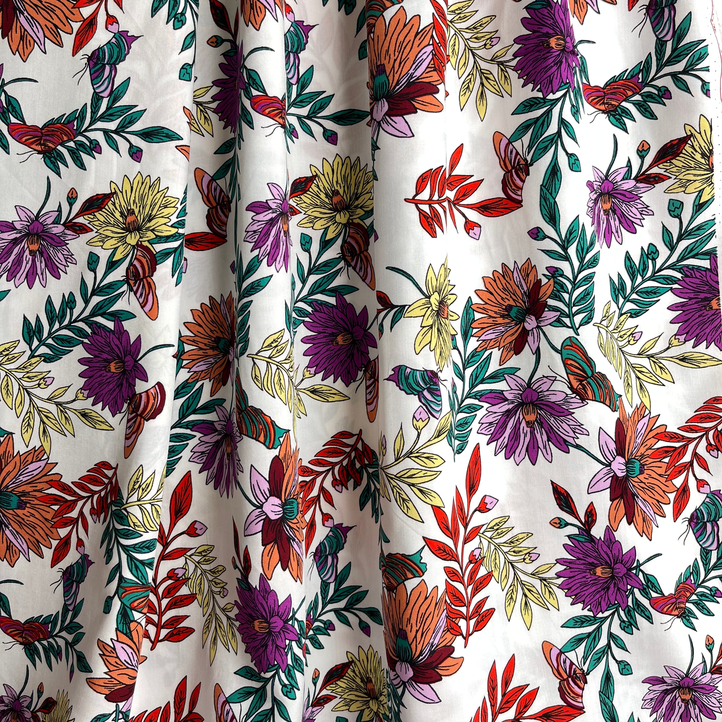 Butterfly Flowers White Viscose Poplin Fabric