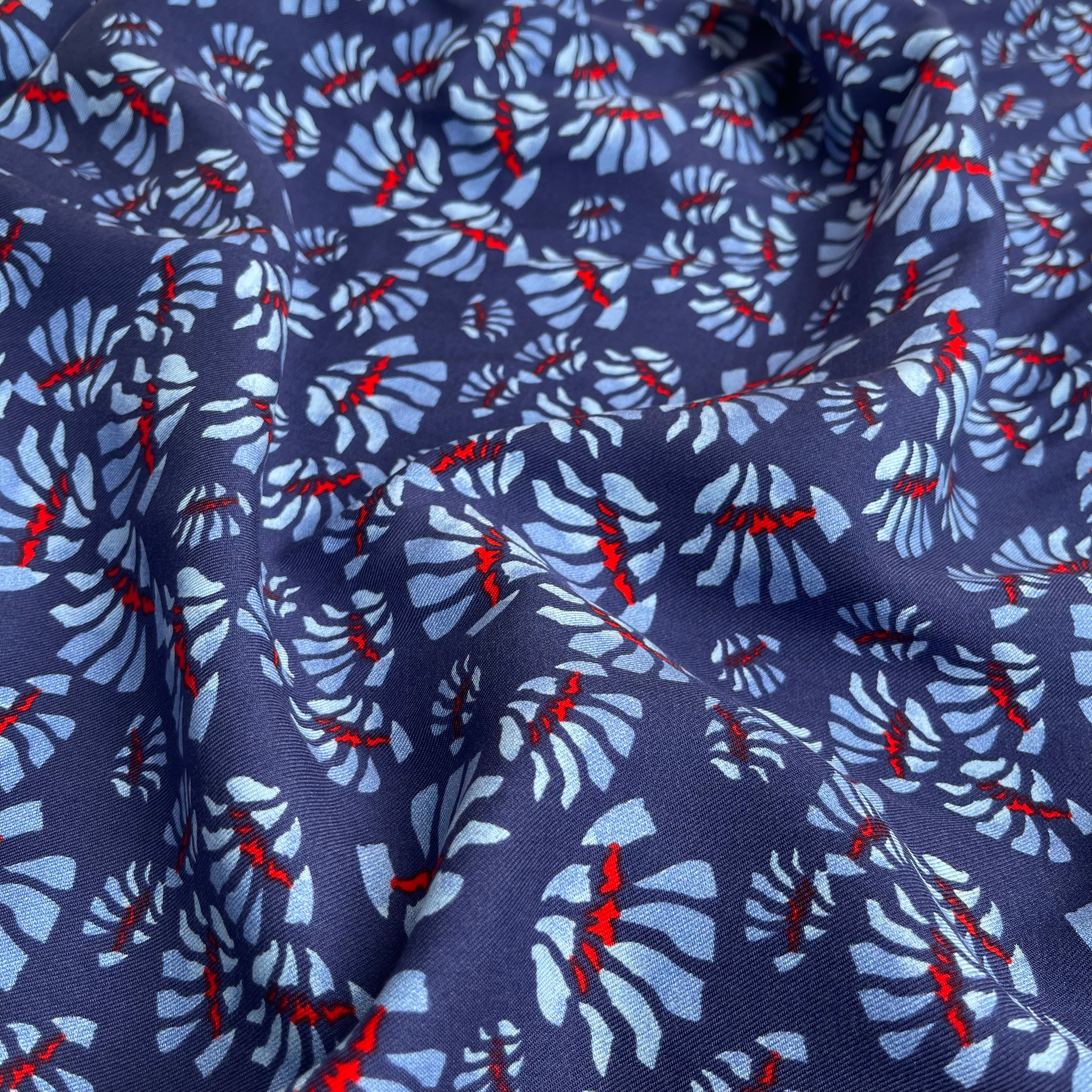 Blue Abstract Flowers Viscose Twill Fabric
