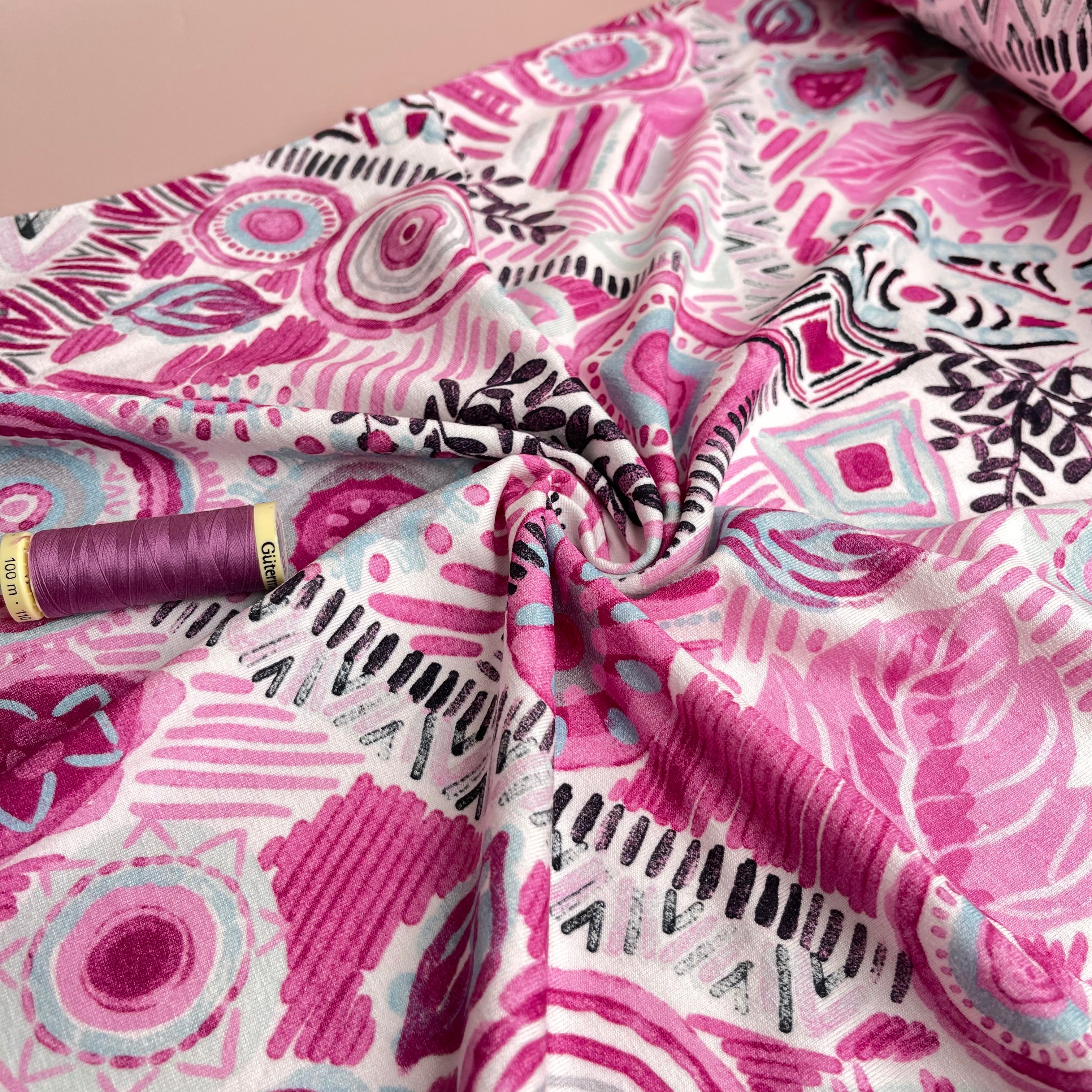 Ornamental Garden Pink Viscose Jersey Fabric