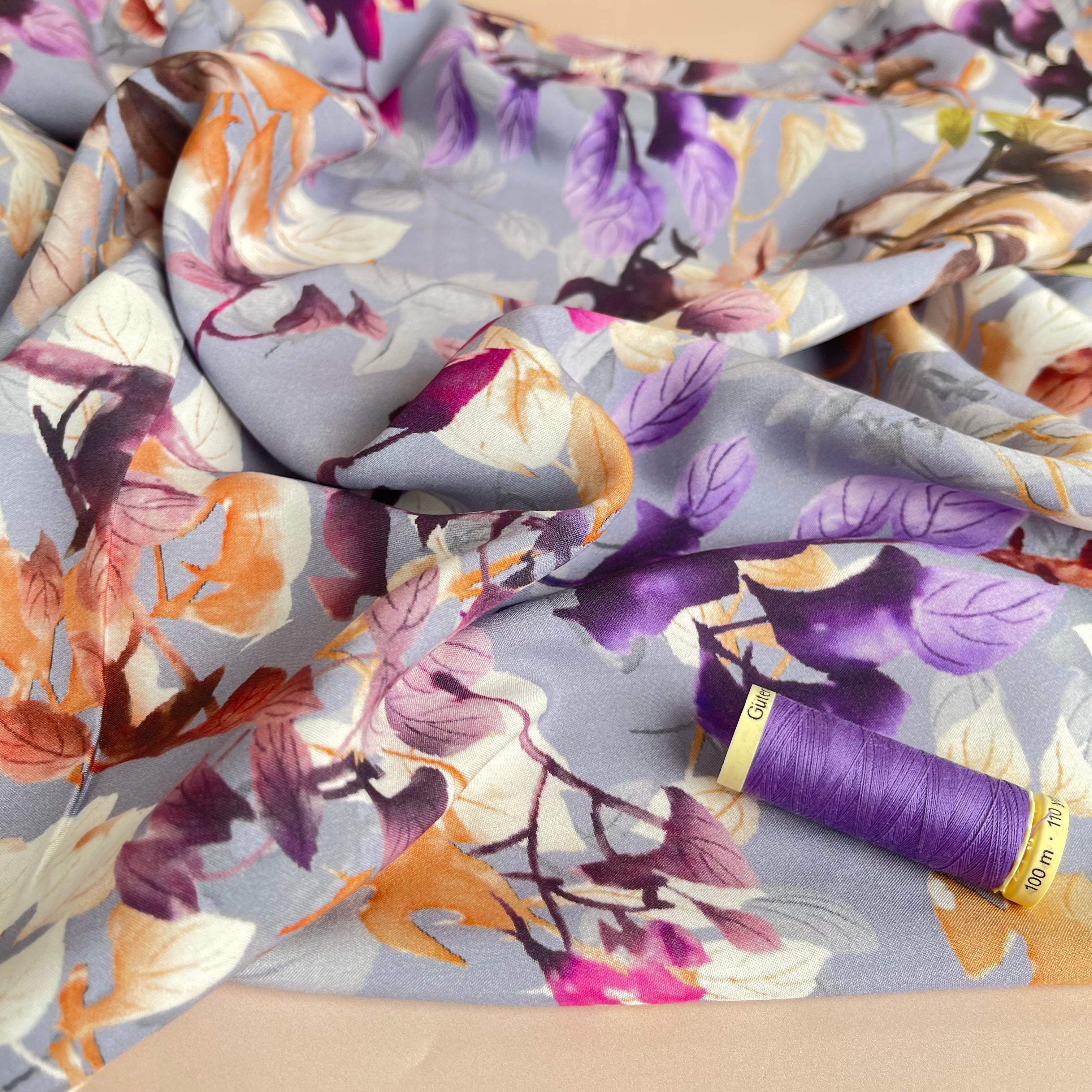 Hazy Foliage on Lilac Viscose Fabric