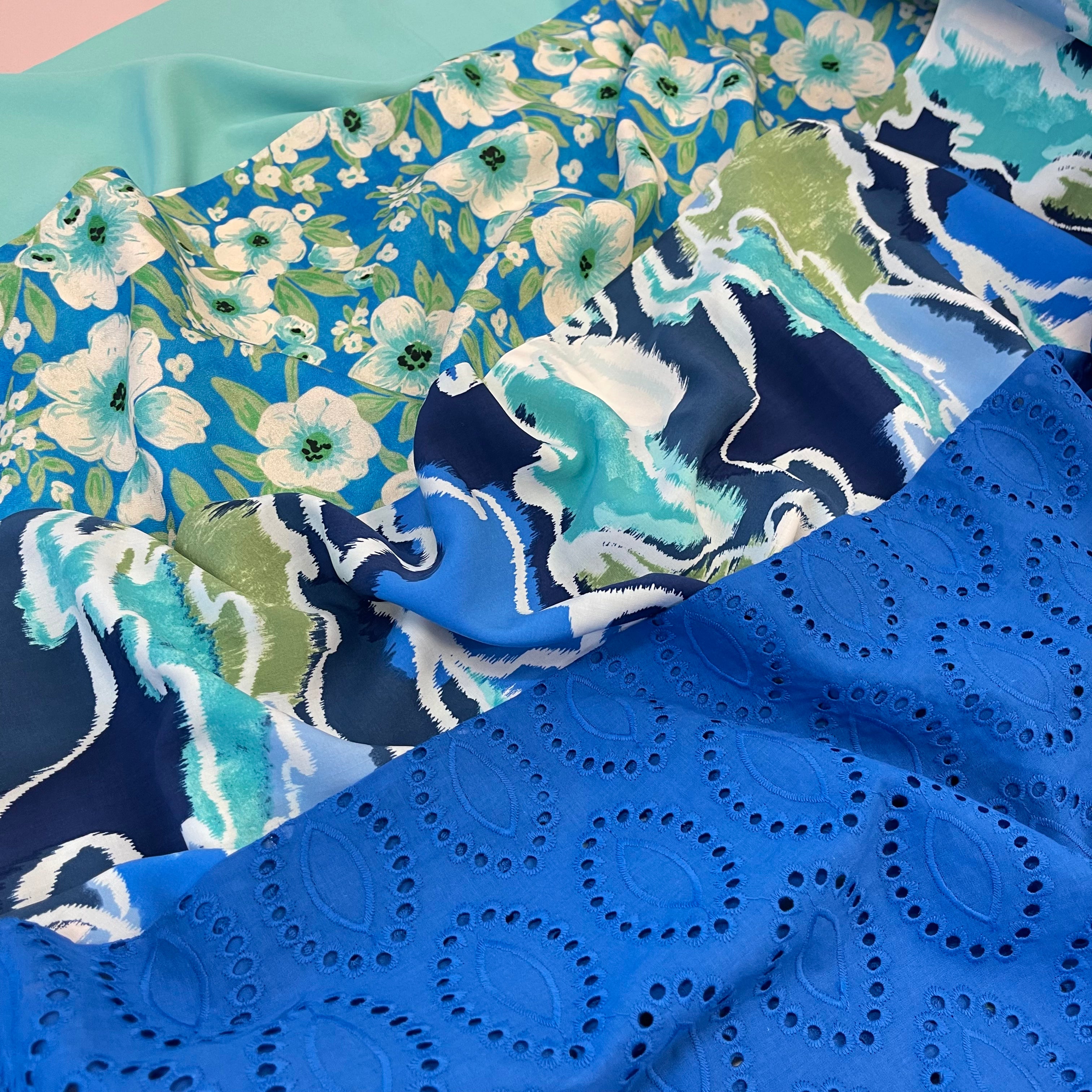 Waves Blue Viscose Poplin Fabric