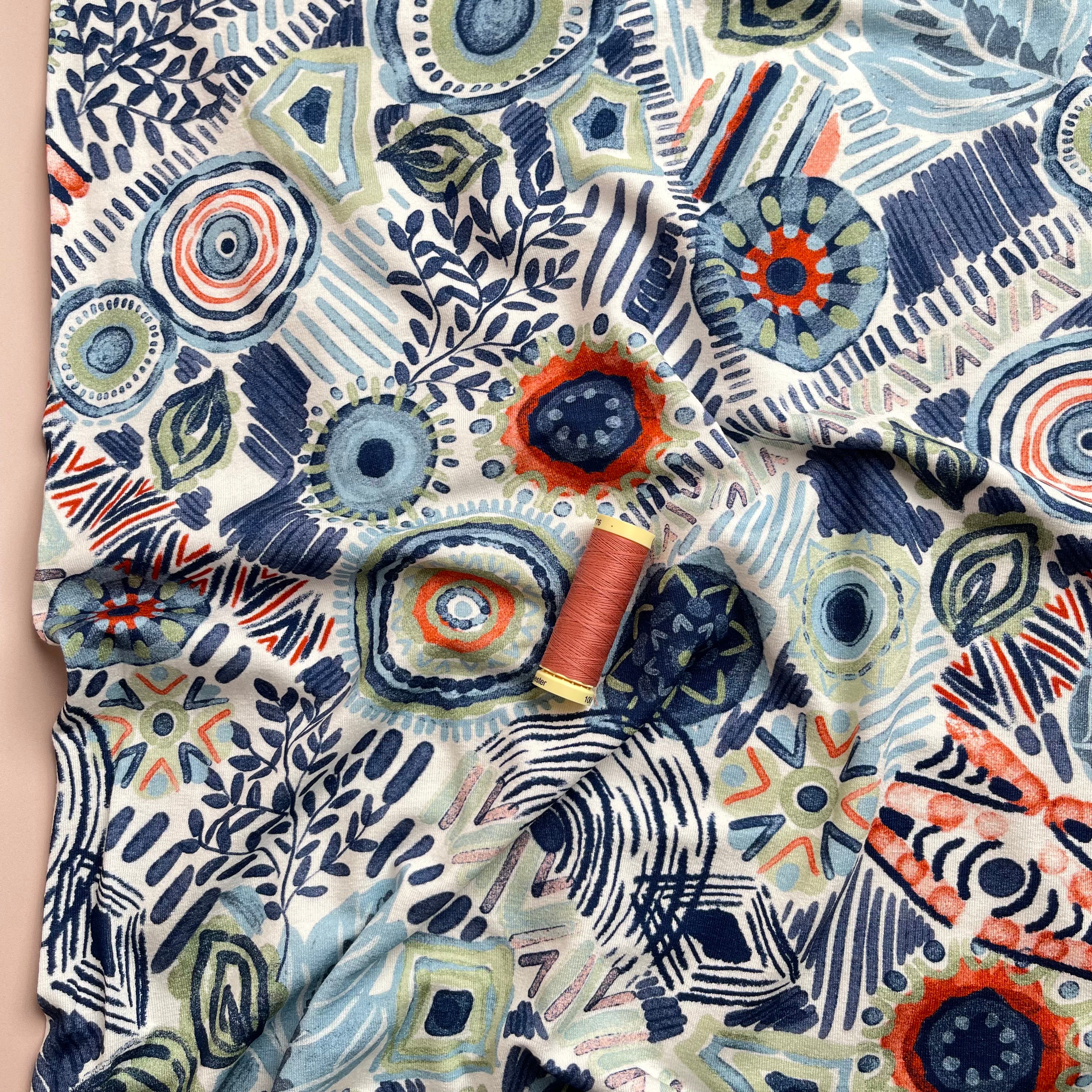 Ornamental Garden Blue Viscose Jersey Fabric