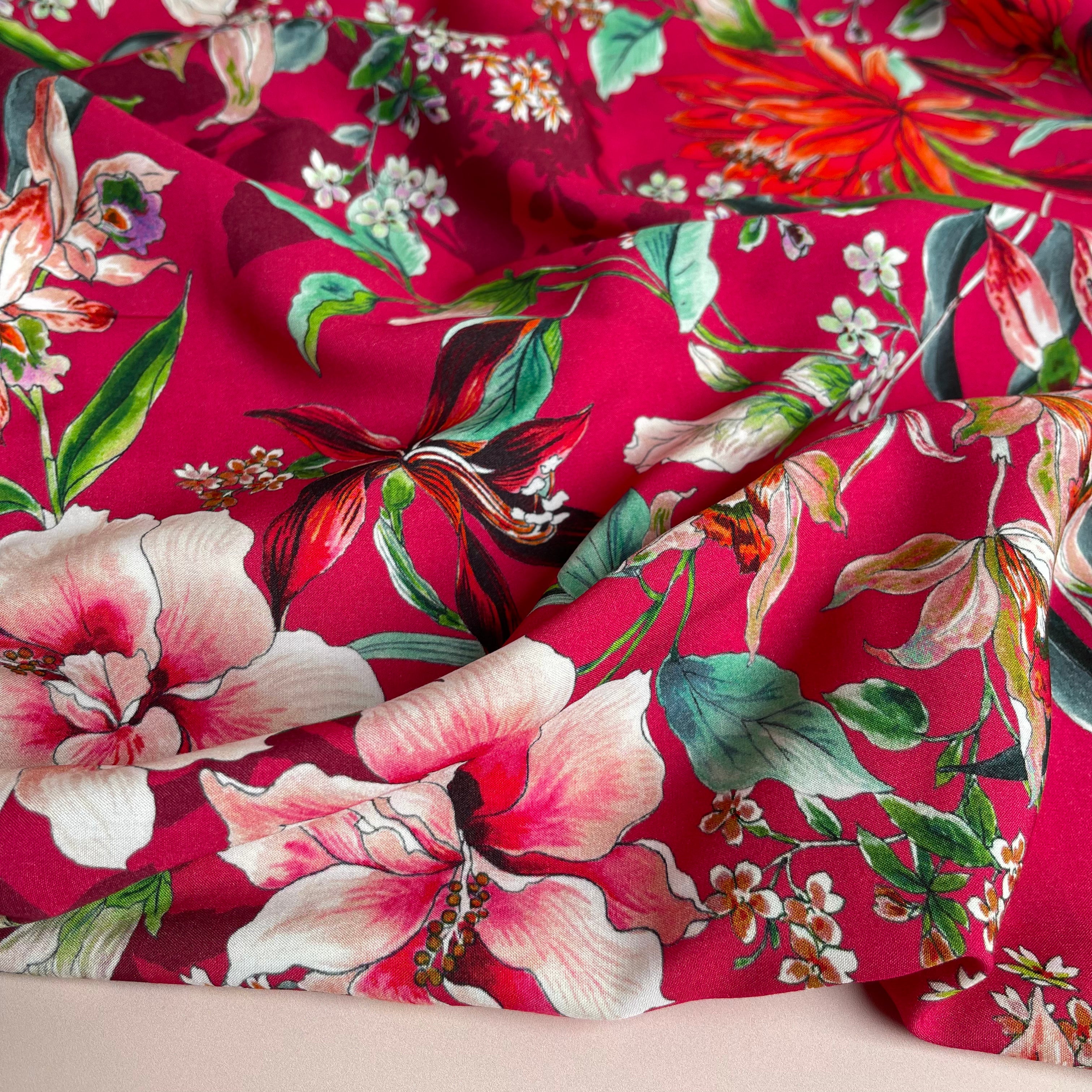 Watercolour Tropics on Fuchsia Viscose Poplin Fabric