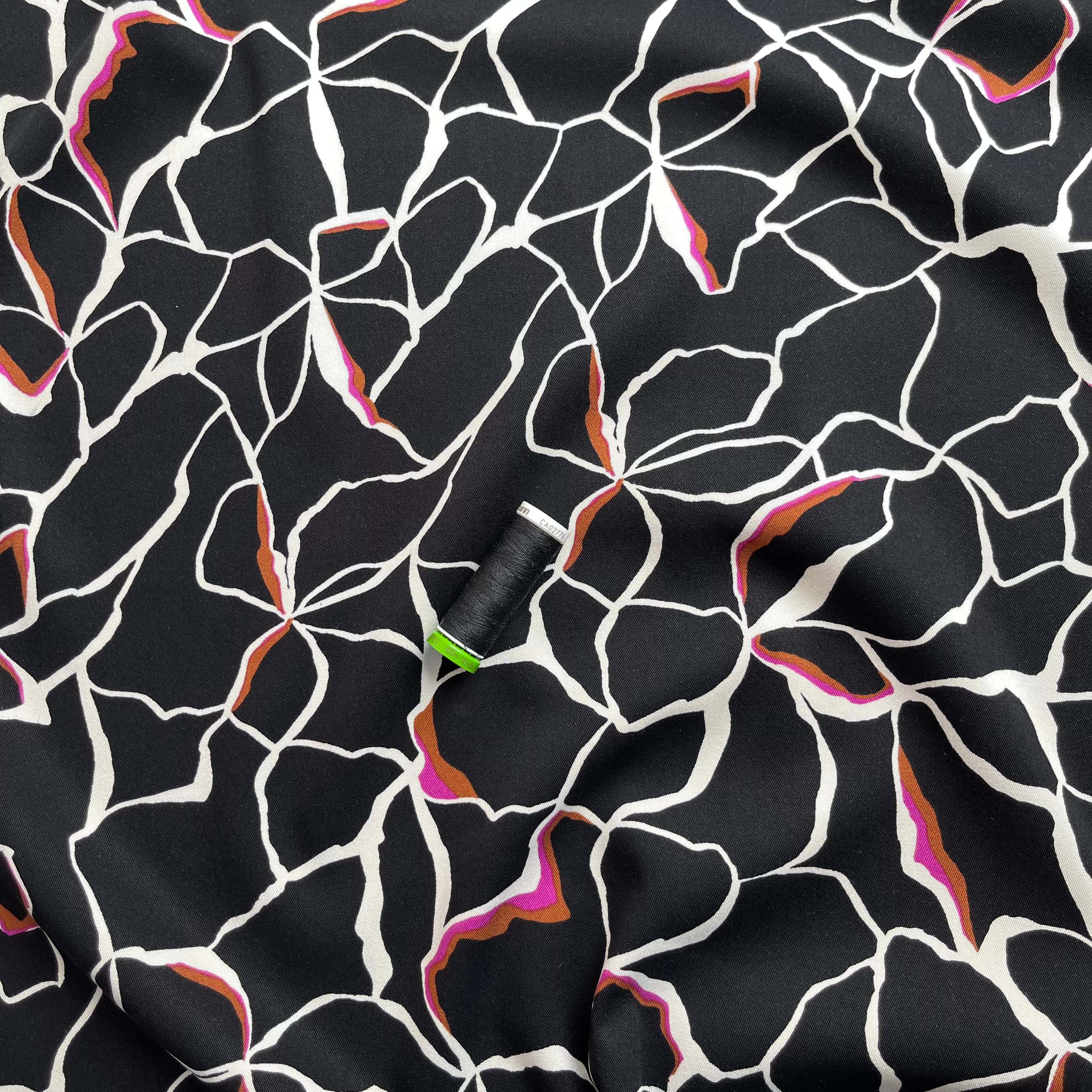 REMNANT 1.18 Metres - Rosella Line Flowers in Black Stretch Viscose Twill Fabric