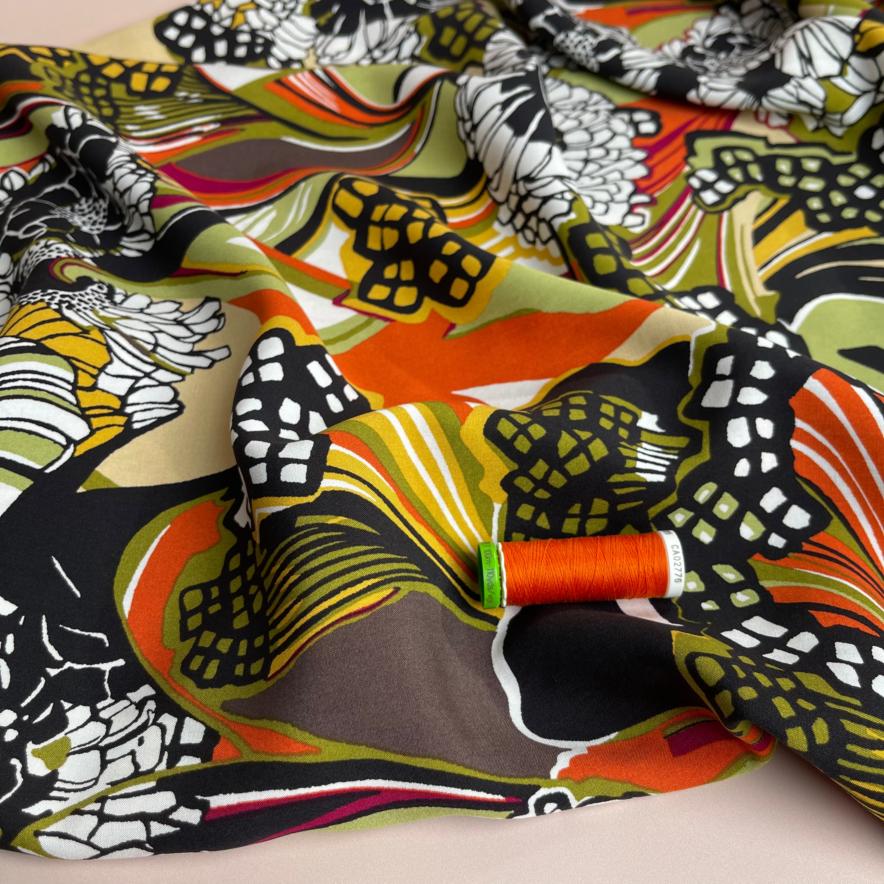 Graphic Flowers Green Viscose Poplin Fabric