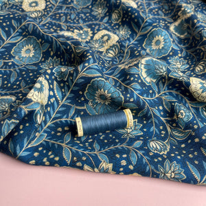 REMNANT 2.45 Metres - Ornate Flowers Ocean Blue Viscose Fabric