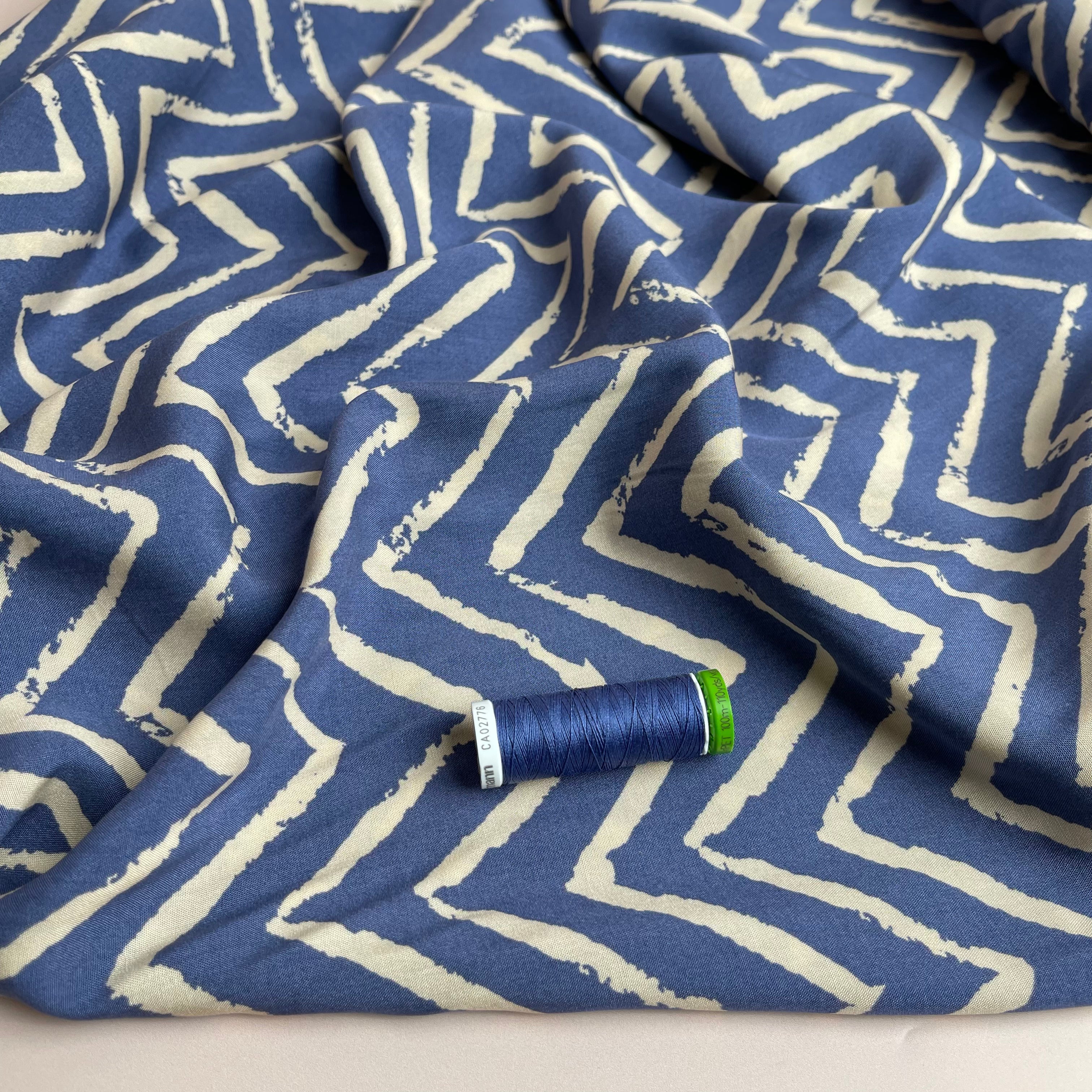 REMNANT 0.45 Metre - Denim Blue ZigZag Viscose Fabric