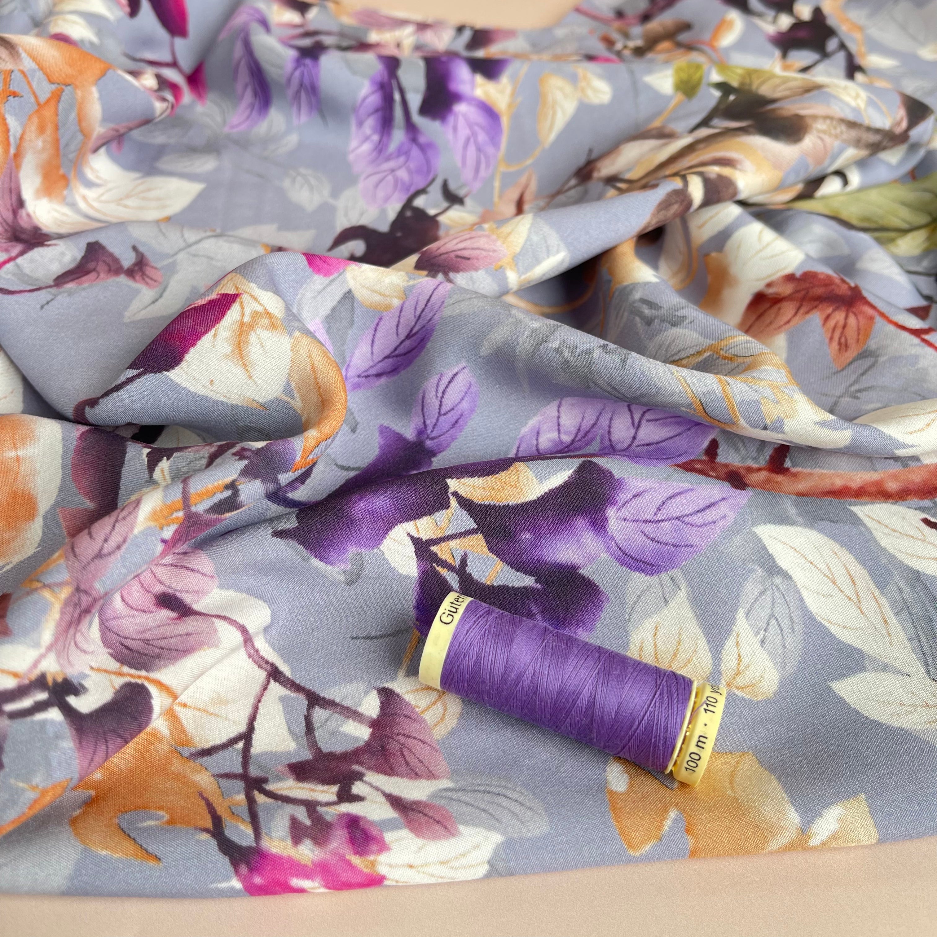Hazy Foliage on Lilac Viscose Fabric