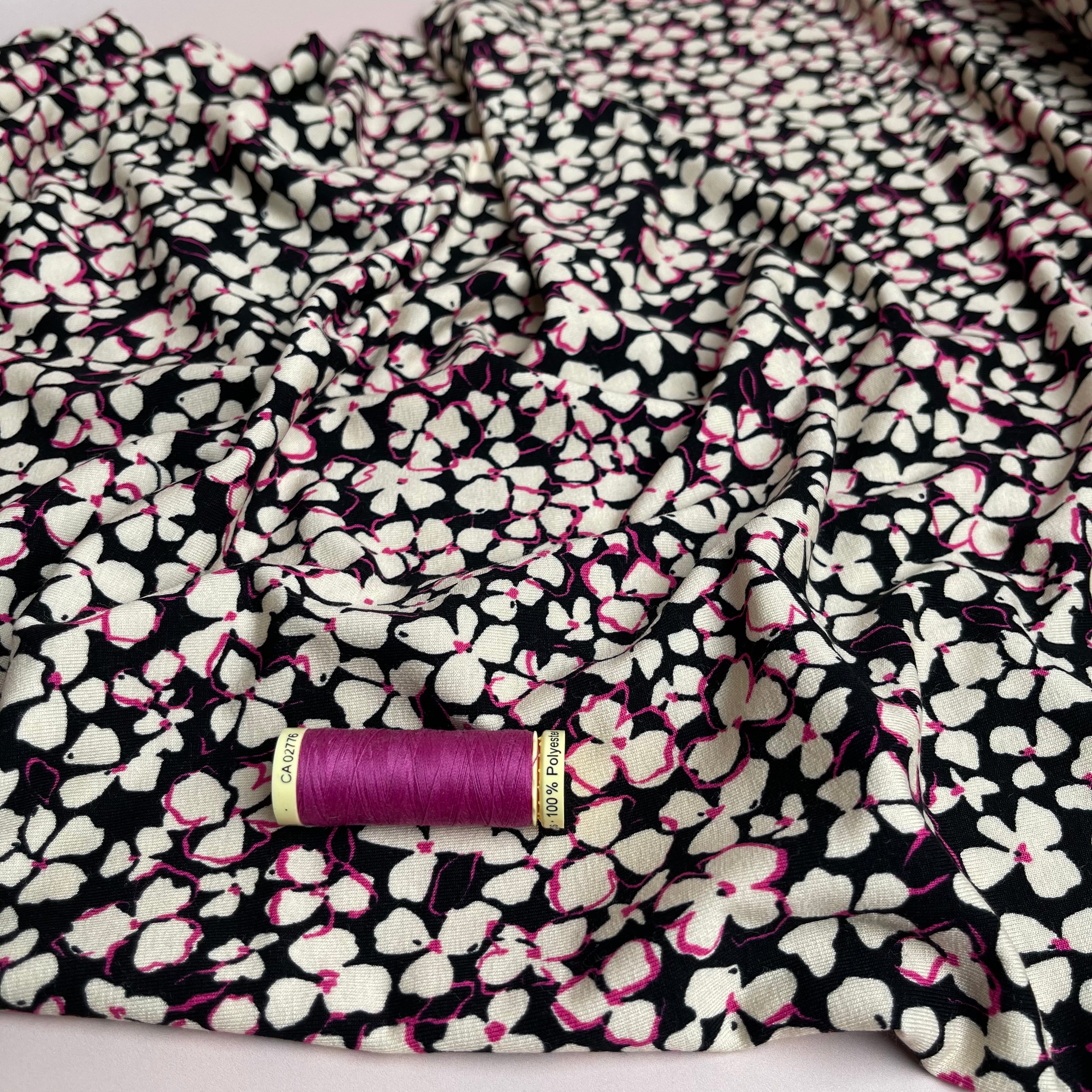 Petals on Black Viscose Jersey Fabric