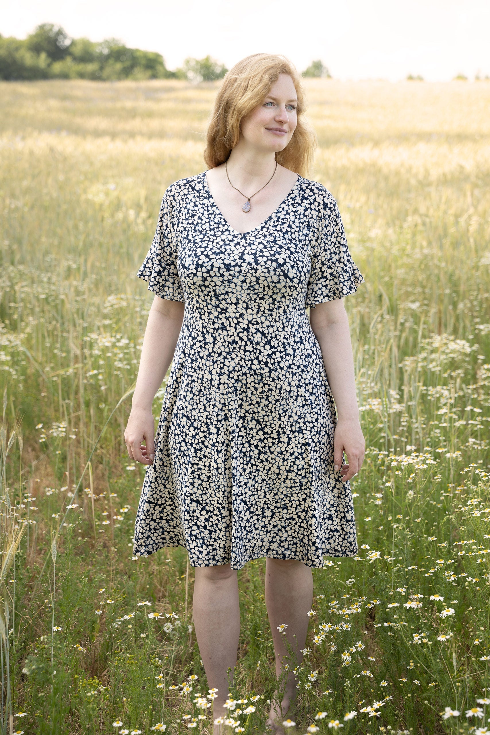 REMNANT 1 Metres - Petals on Navy Viscose Jersey Fabric