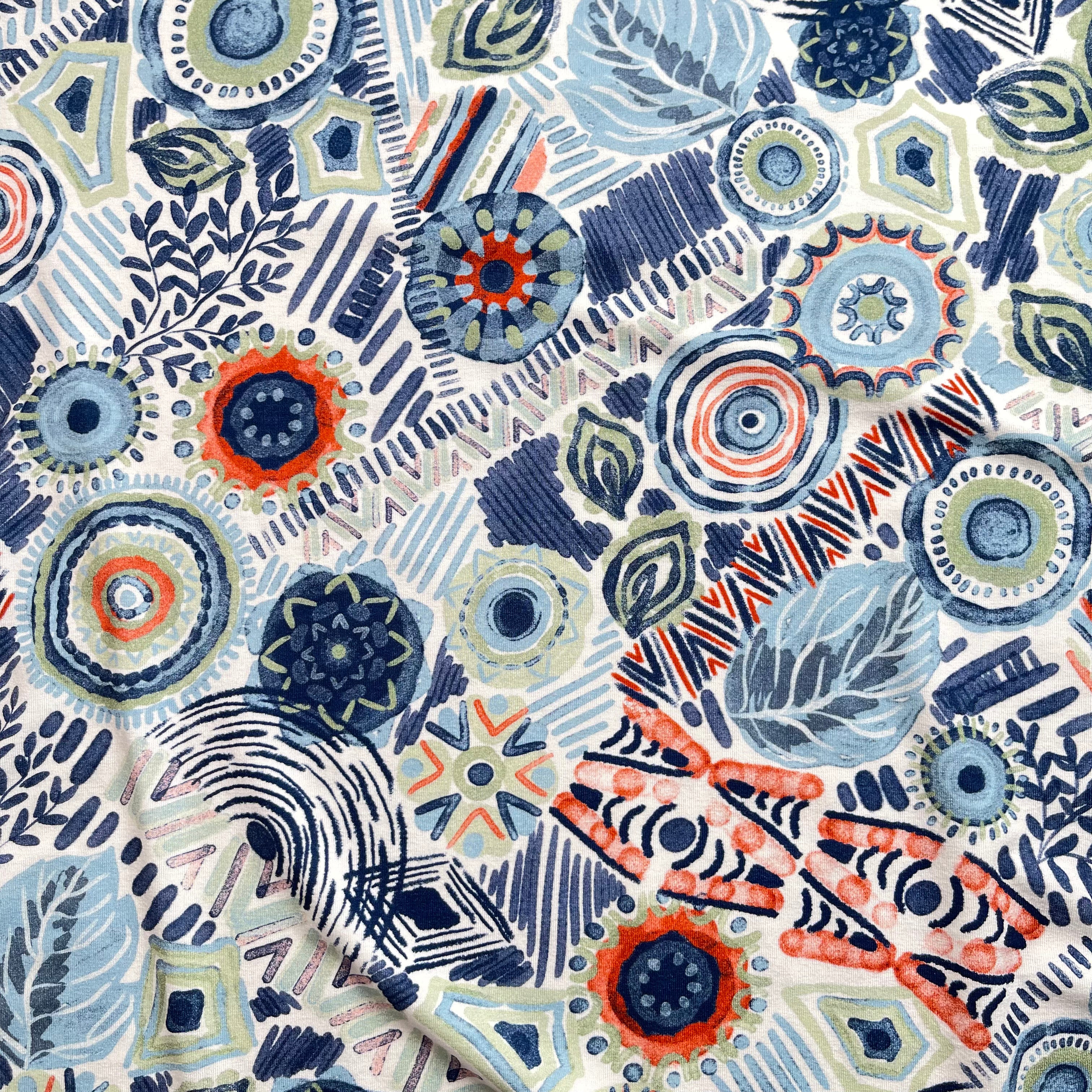 Ornamental Garden Blue Viscose Jersey Fabric
