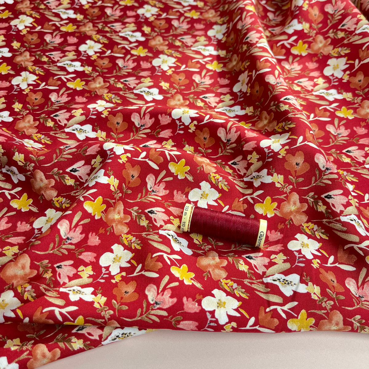 REMNANT 0.73 Metre - Primrose on Red Viscose Poplin Fabric – Lamazi Fabrics