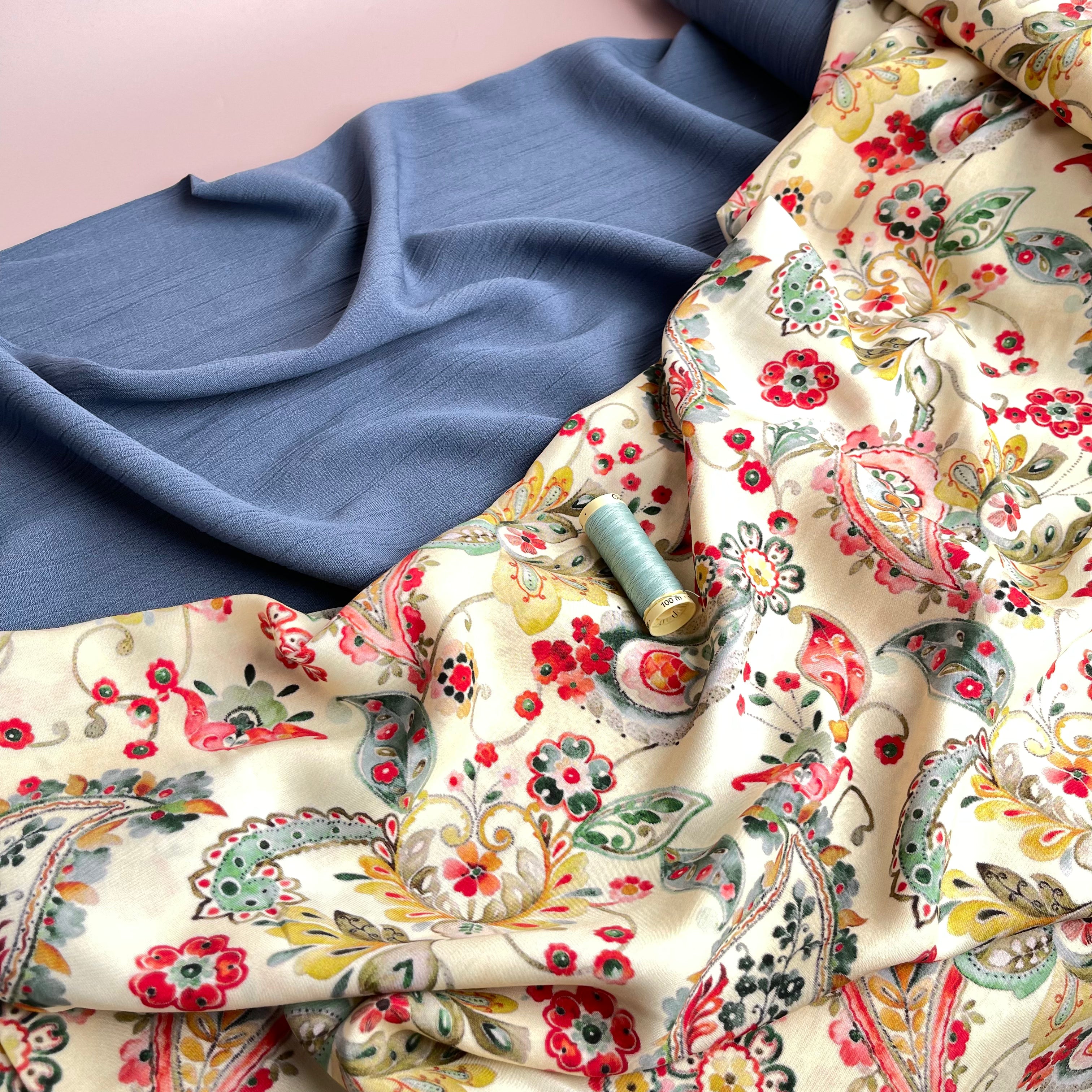 Crinkle Viscose Linen Blend Fabric in Denim Blue