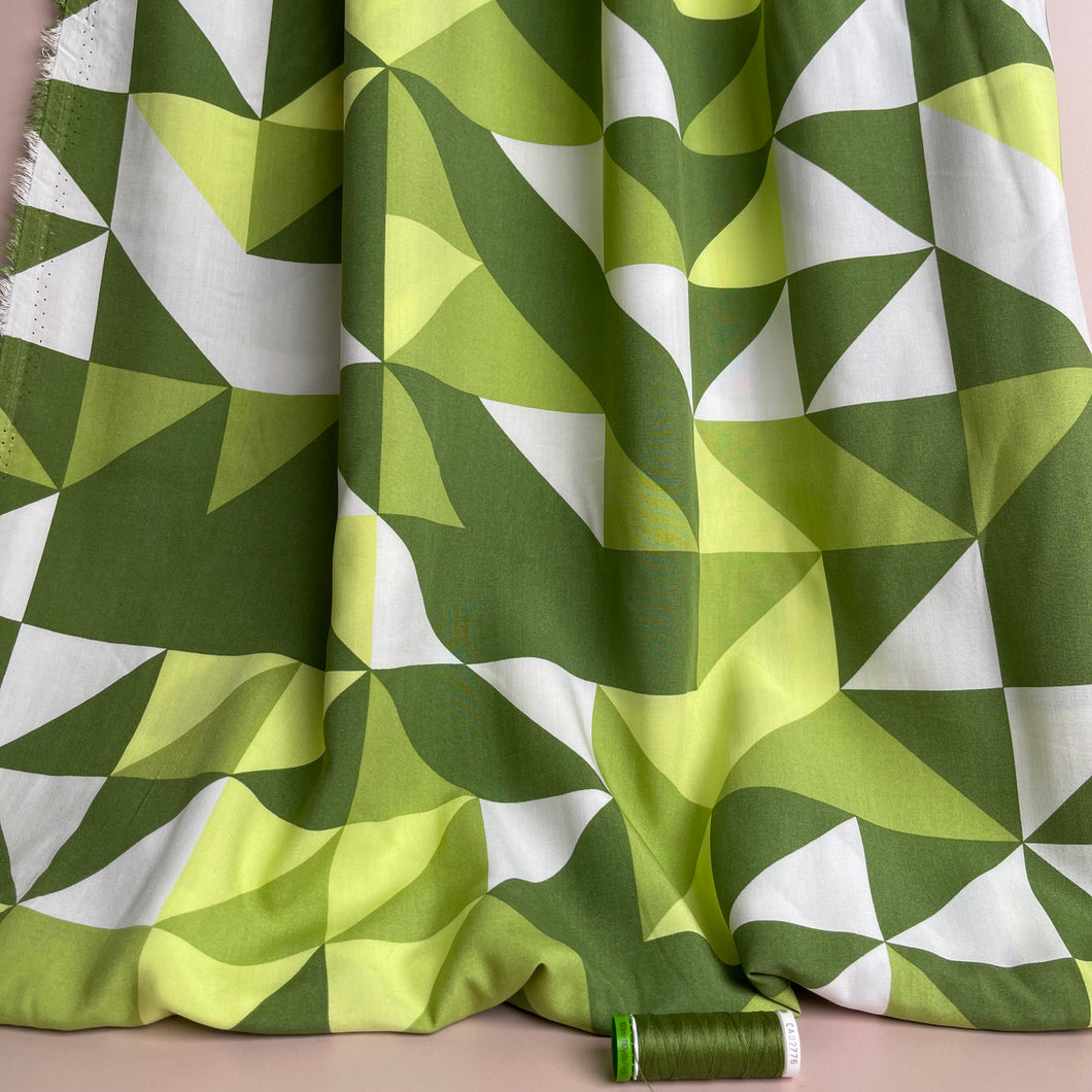 REMNANT 2.20 Metres - Green Puzzle Viscose Poplin Fabric