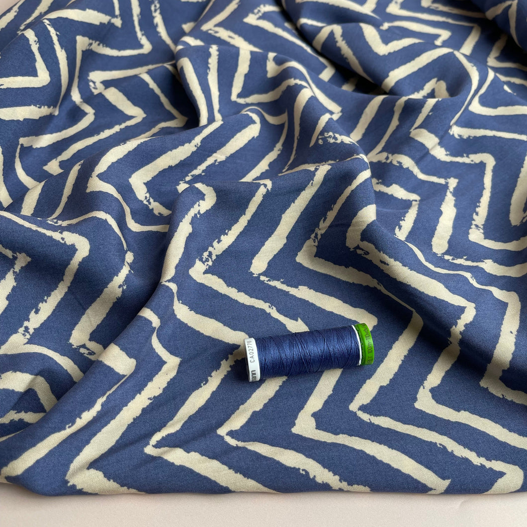 REMNANT 0.45 Metre - Denim Blue ZigZag Viscose Fabric