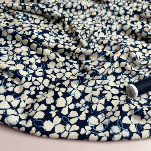REMNANT 1 Metres - Petals on Navy Viscose Jersey Fabric