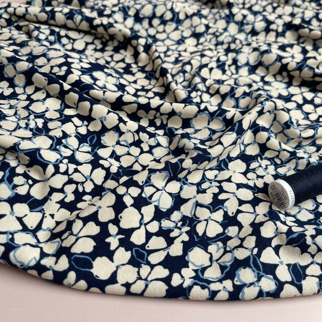 REMNANT 1 Metres - Petals on Navy Viscose Jersey Fabric