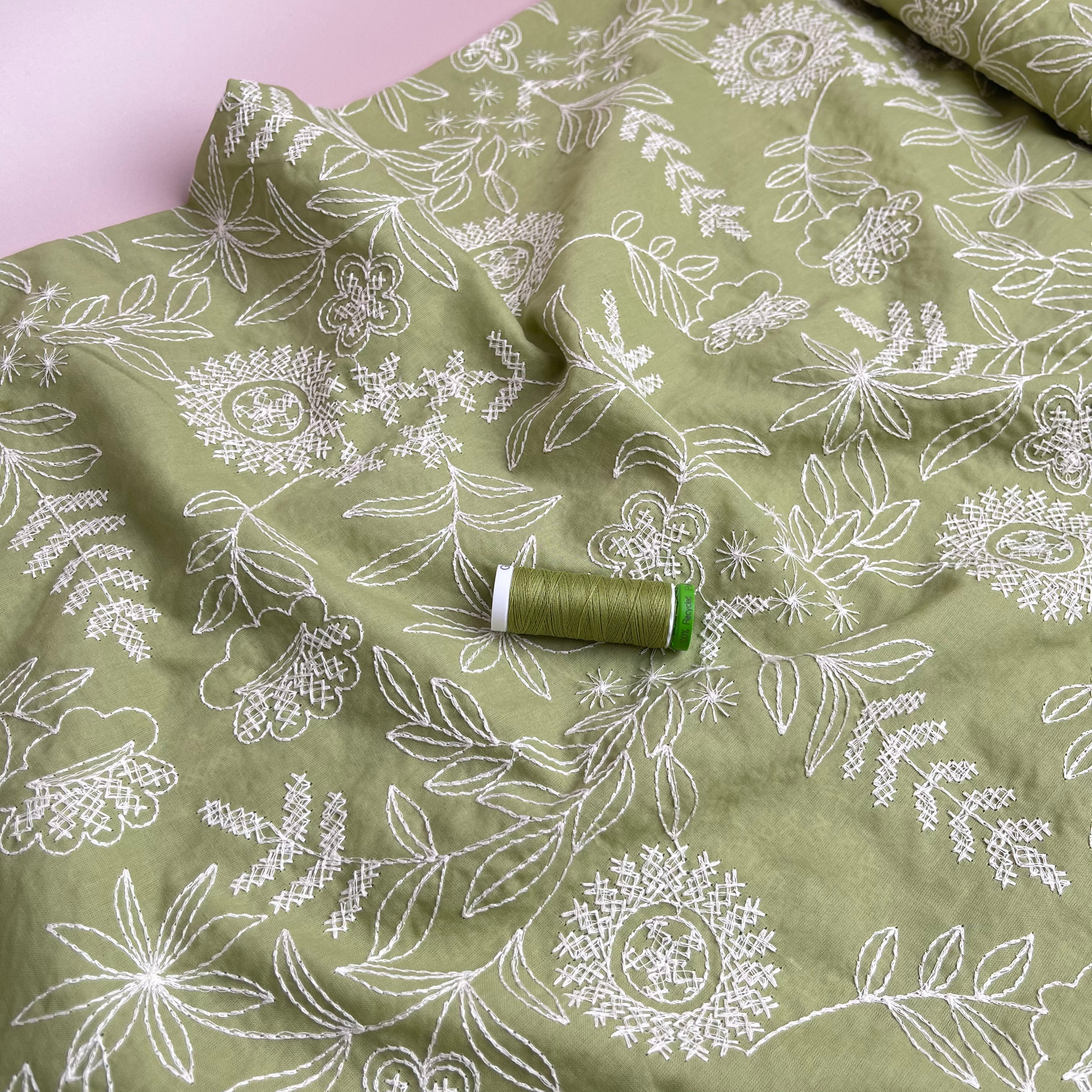 REMNANT 2.10 Metres - Embroidered Wildflowers on Spring Green Cotton Fabric