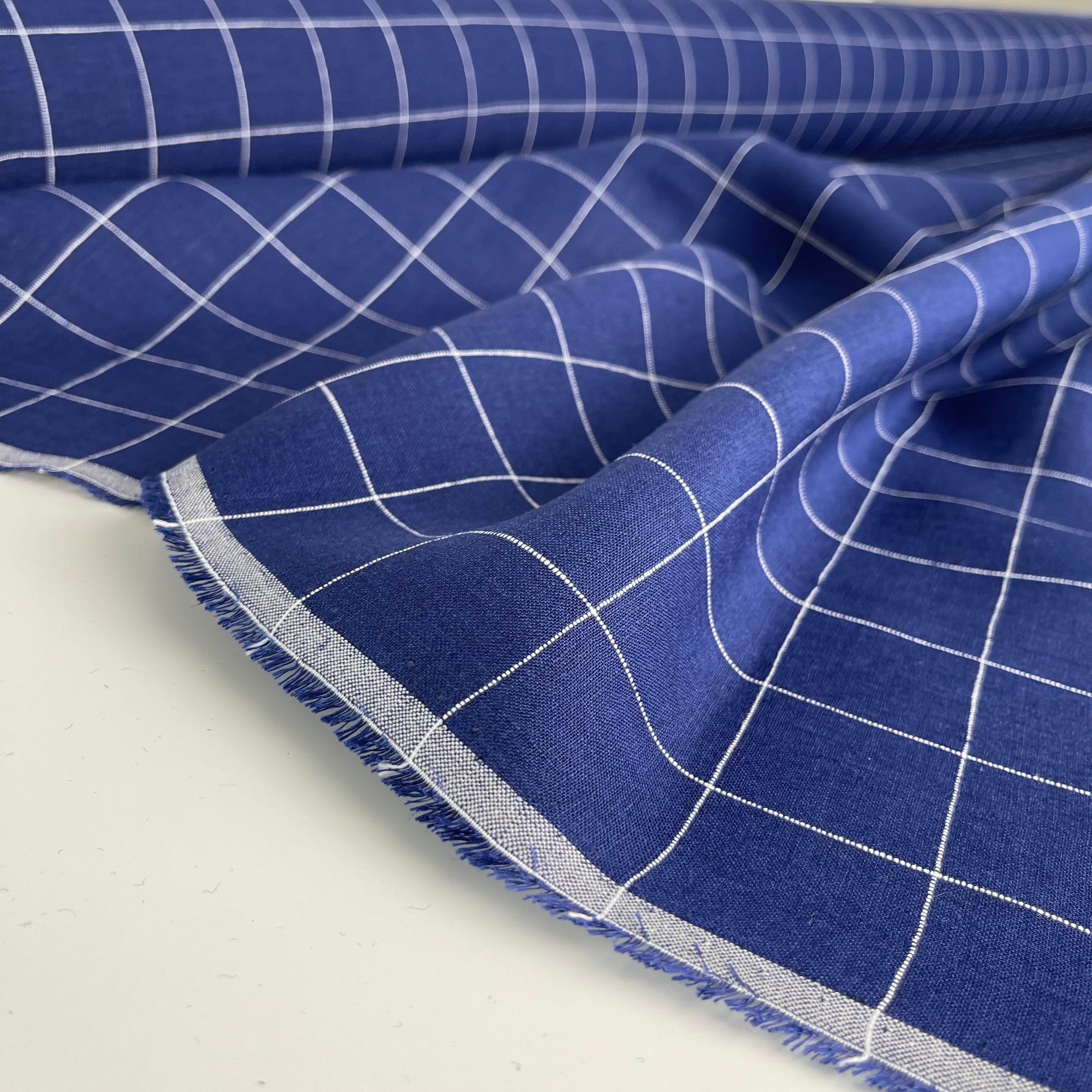 Monochrome Checks Cobalt Blue Linen Fabric