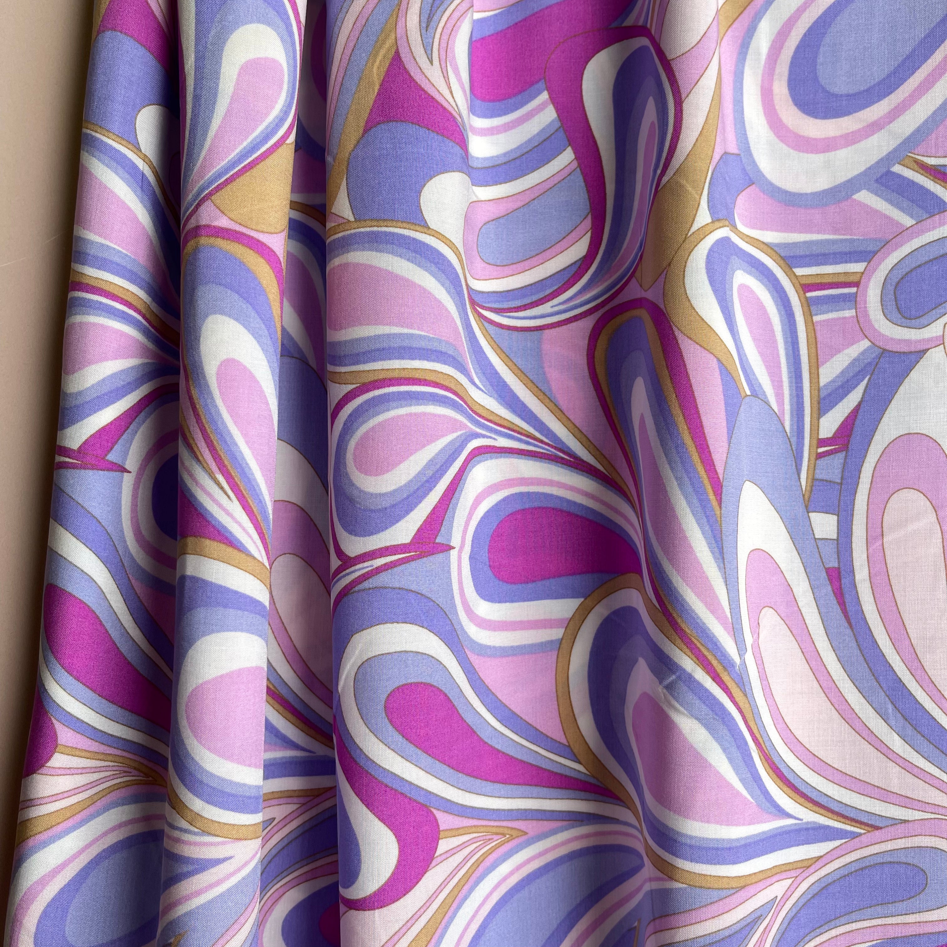 Retro Abstract Dressmaking Fabric - Viscose Satin - Pucci Blue