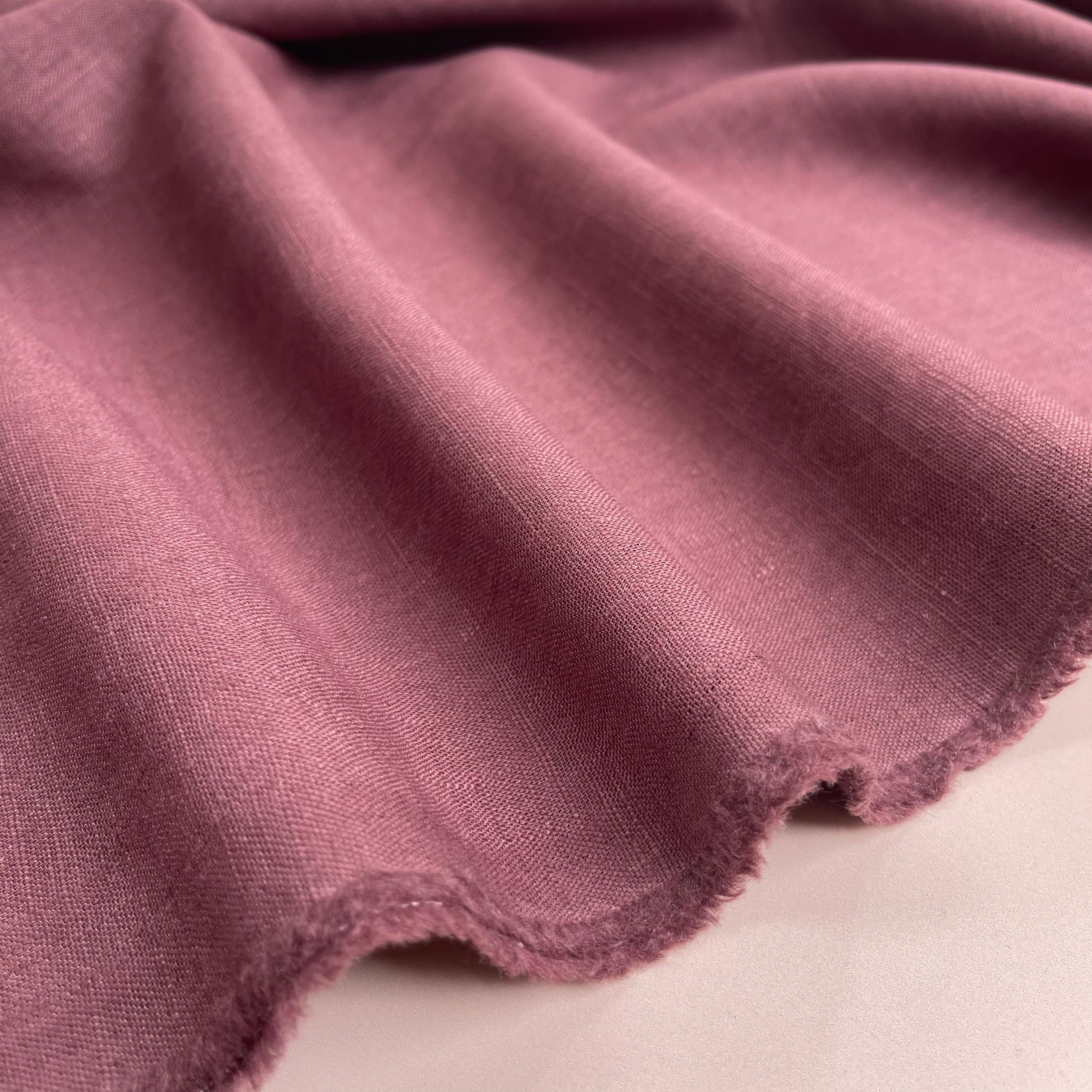 REMNANT 0.25 Metres (plus extra 4cm with fault) Breeze Cream Aubergine - Enzyme Washed Pure Linen Fabric