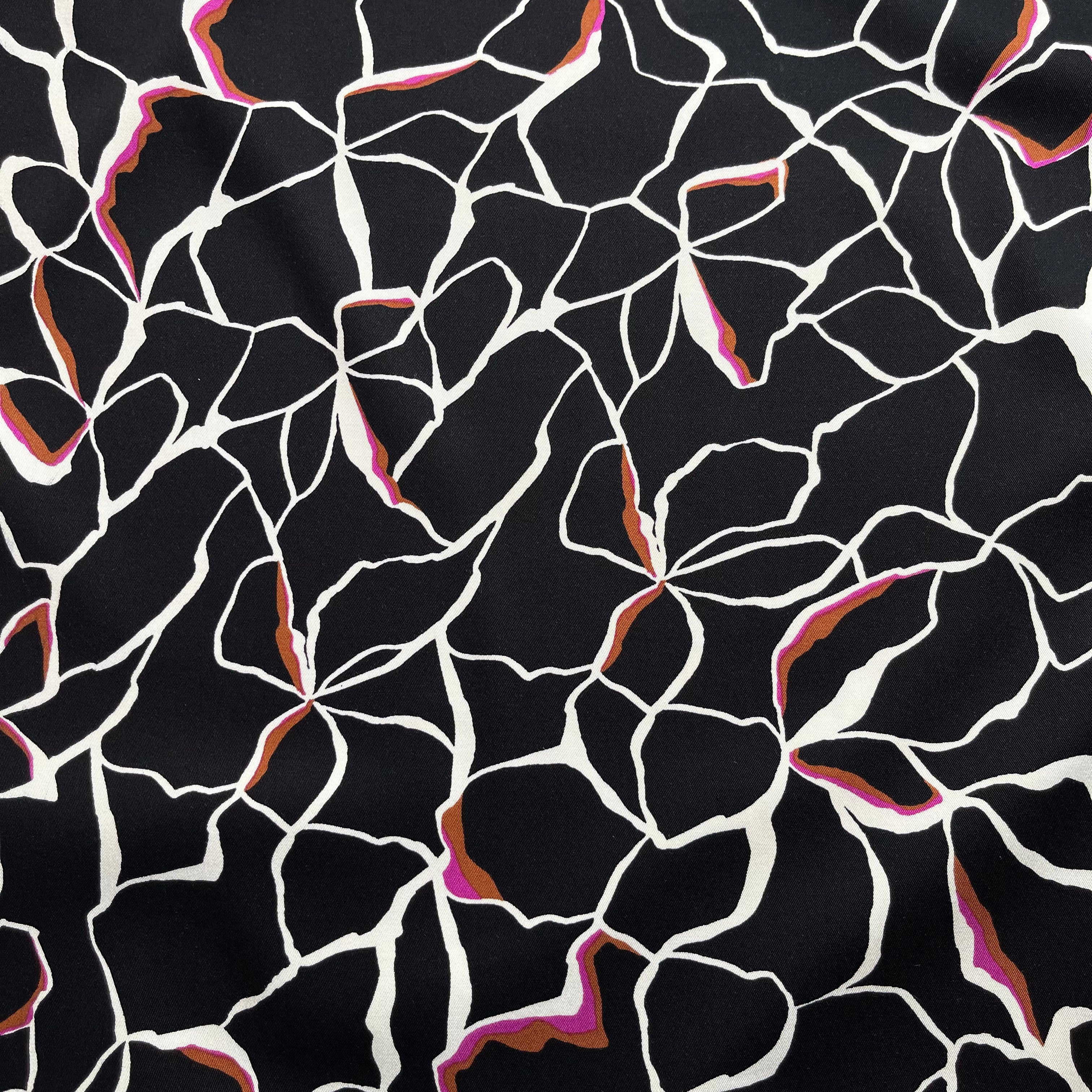 REMNANT 1.18 Metres - Rosella Line Flowers in Black Stretch Viscose Twill Fabric