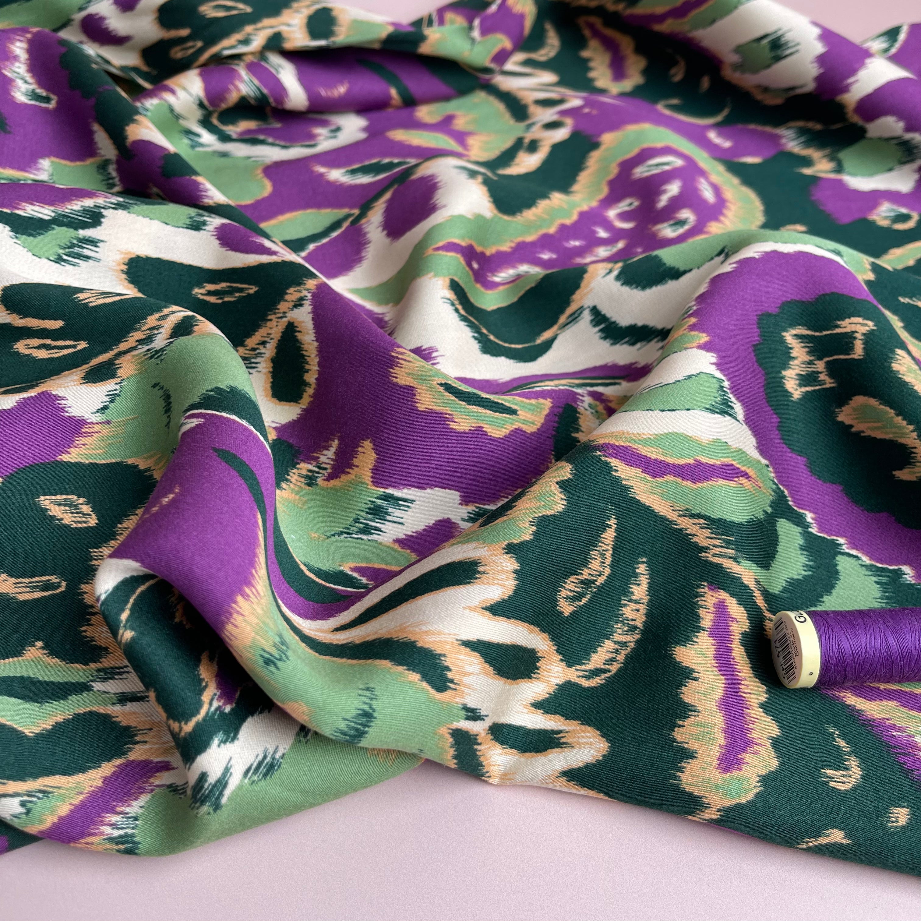 REMNANT 0.65 Metres - Hazy Paisley Purple and Green Viscose Sateen Fabric