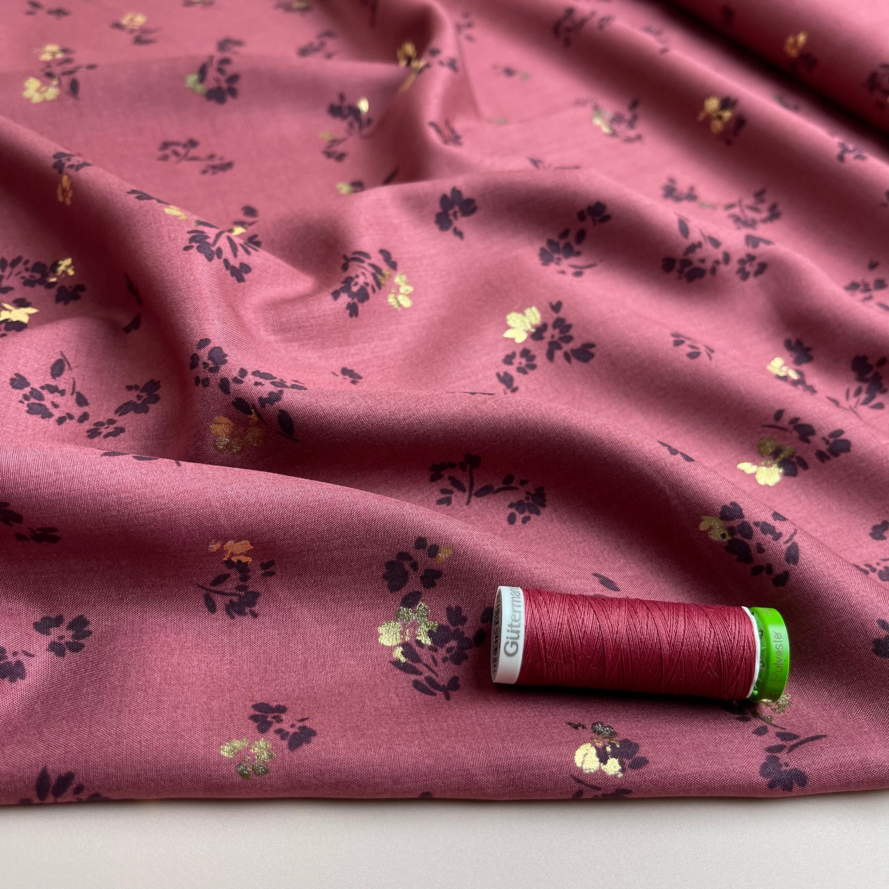 REMNANT 0.83 metres - Sparkle Flowers on Rosewood Viscose Fabric