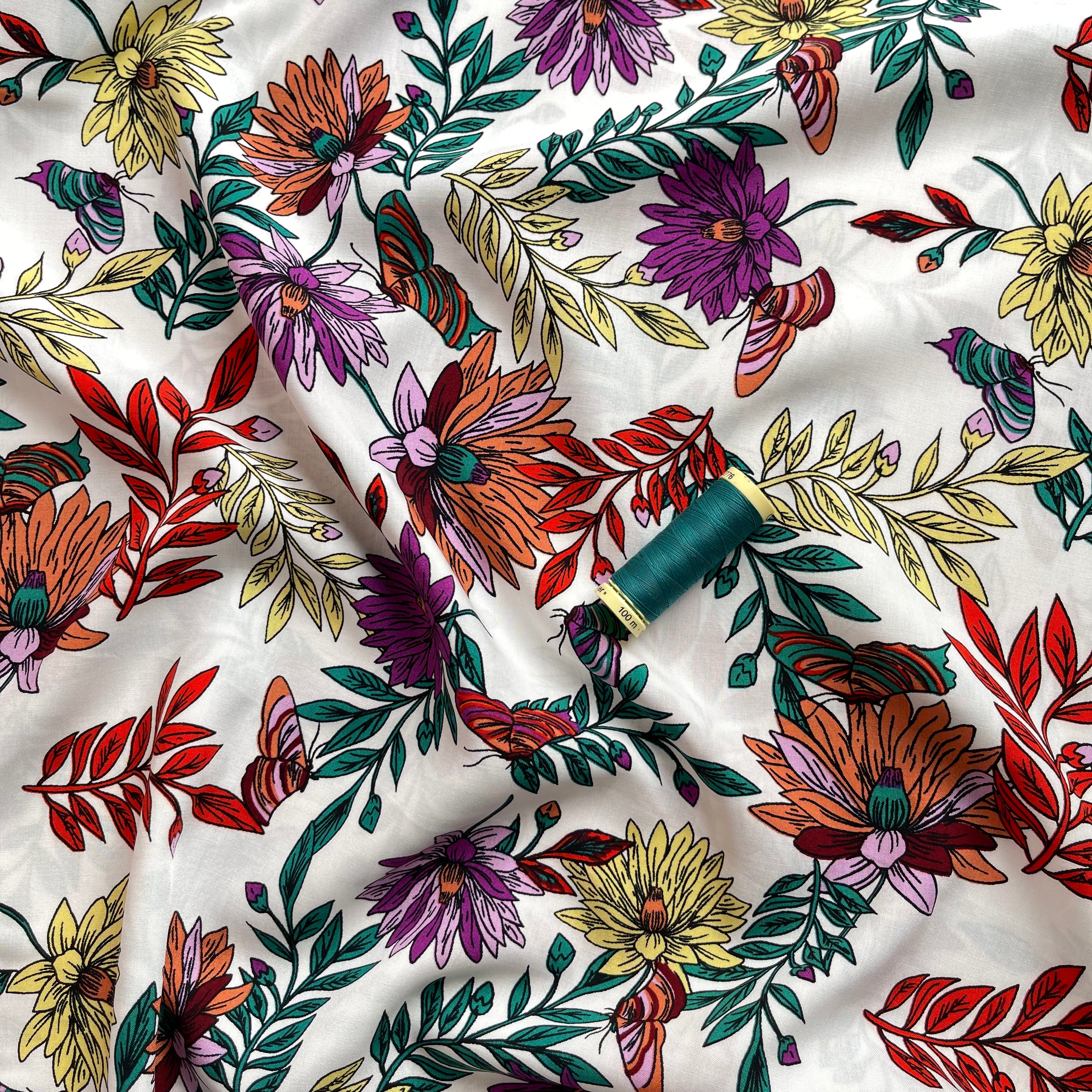 Butterfly Flowers White Viscose Poplin Fabric