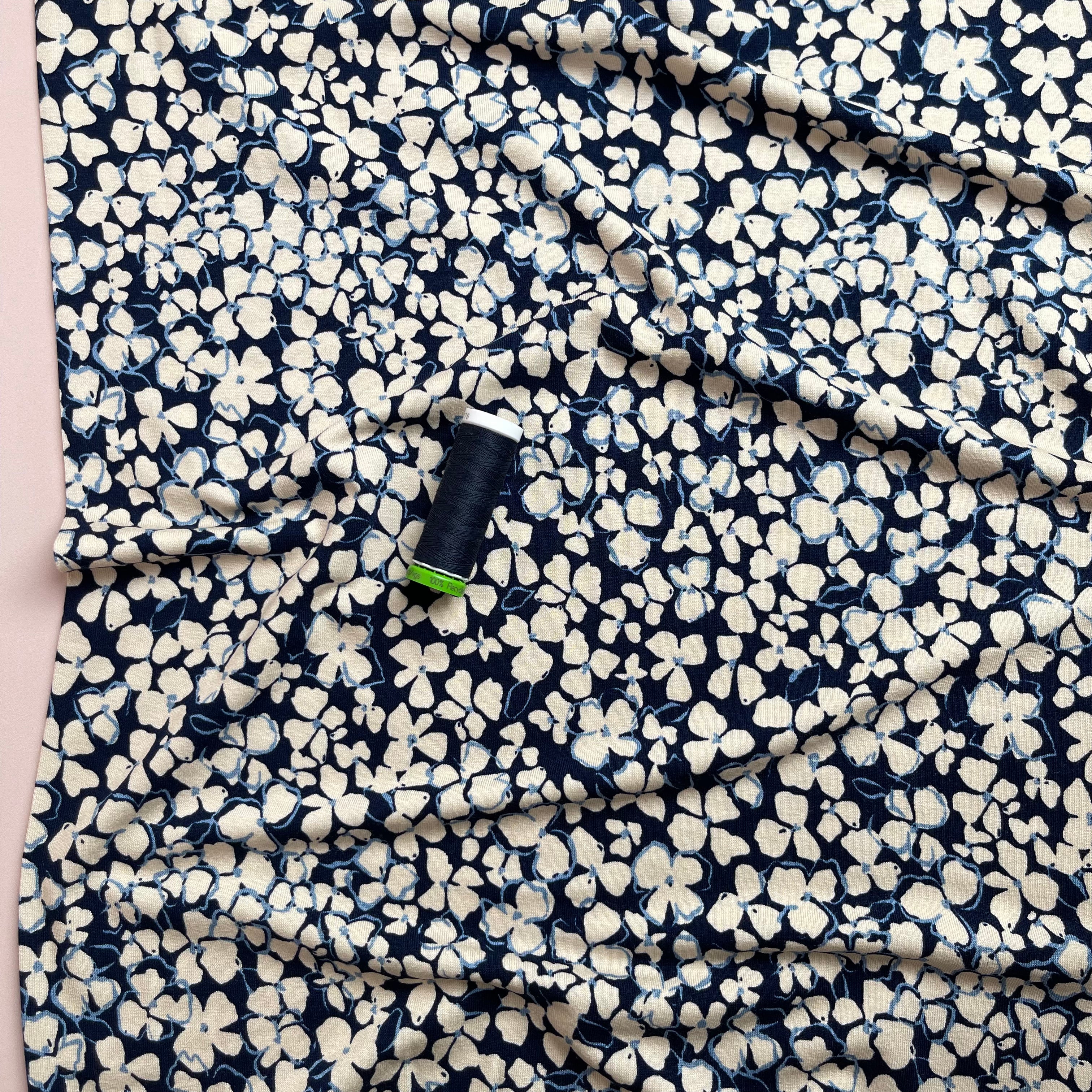 REMNANT 1 Metres - Petals on Navy Viscose Jersey Fabric