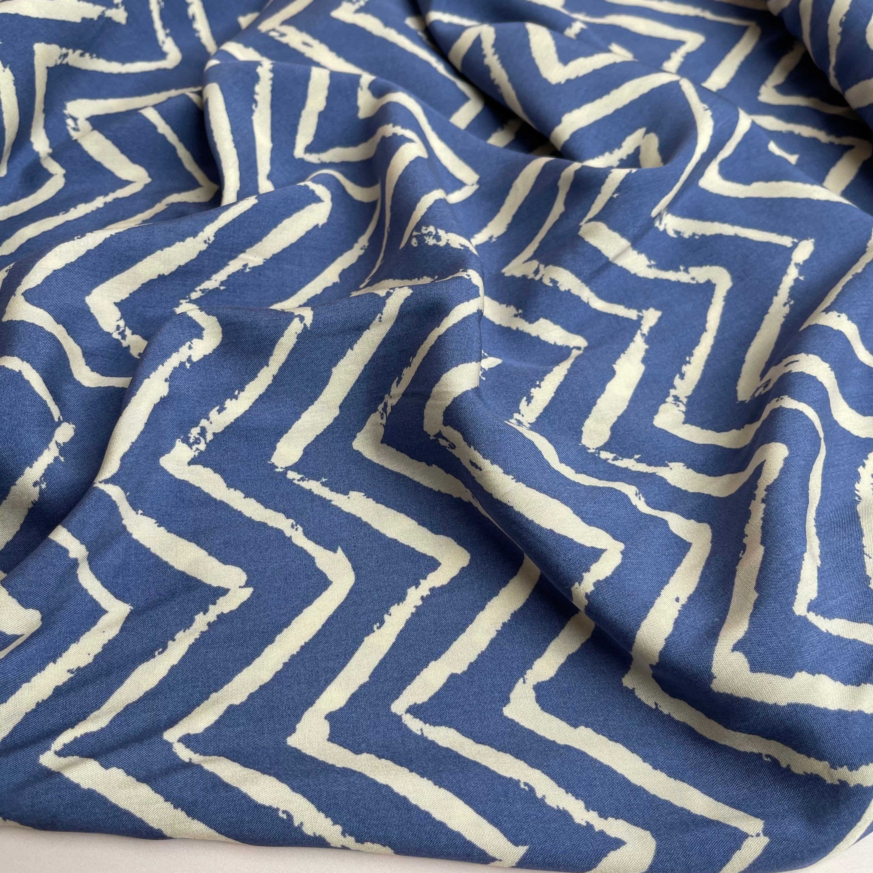 REMNANT 0.45 Metre - Denim Blue ZigZag Viscose Fabric