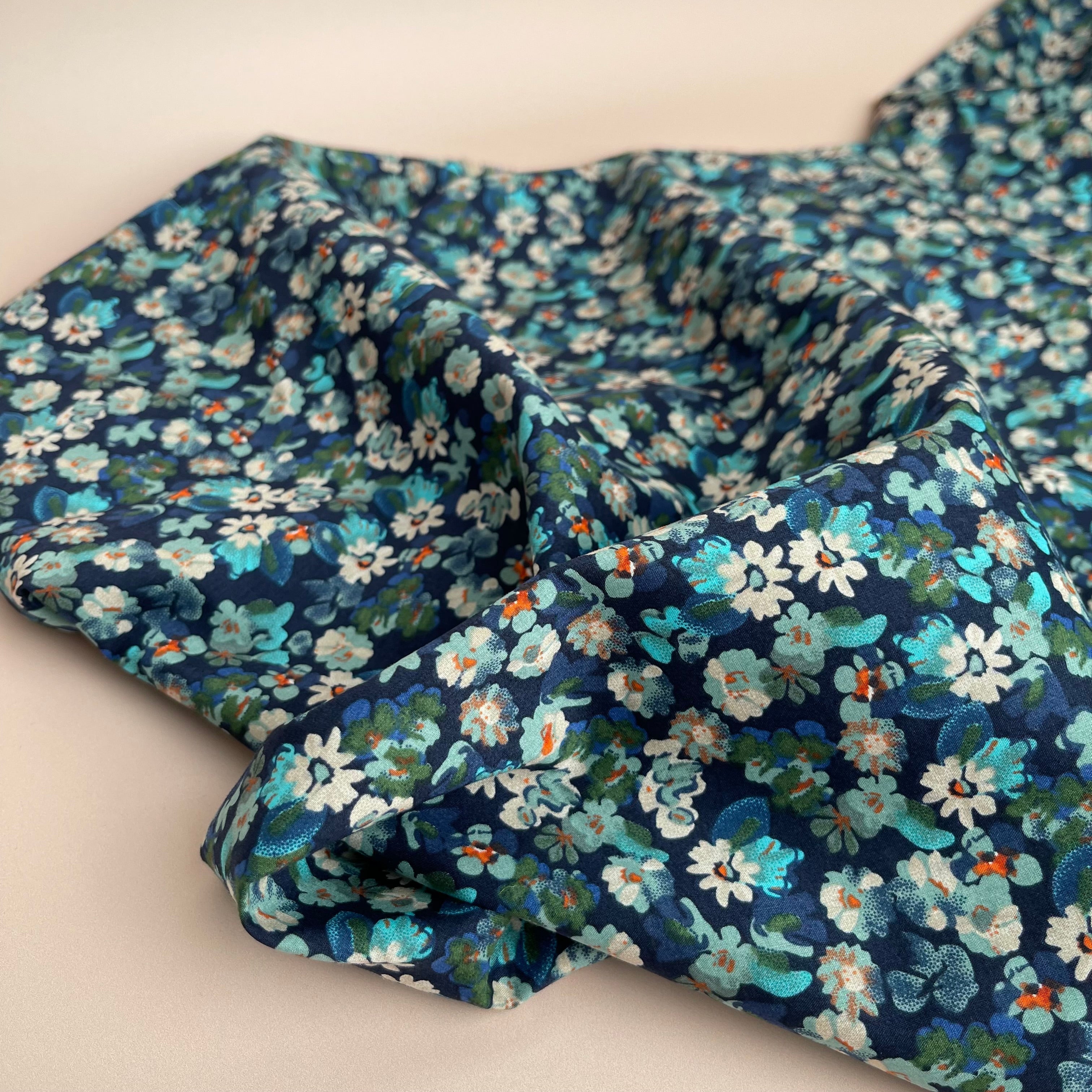 REMNANT 1 Metre - Meadow Blue on Navy Cotton Lawn Fabric