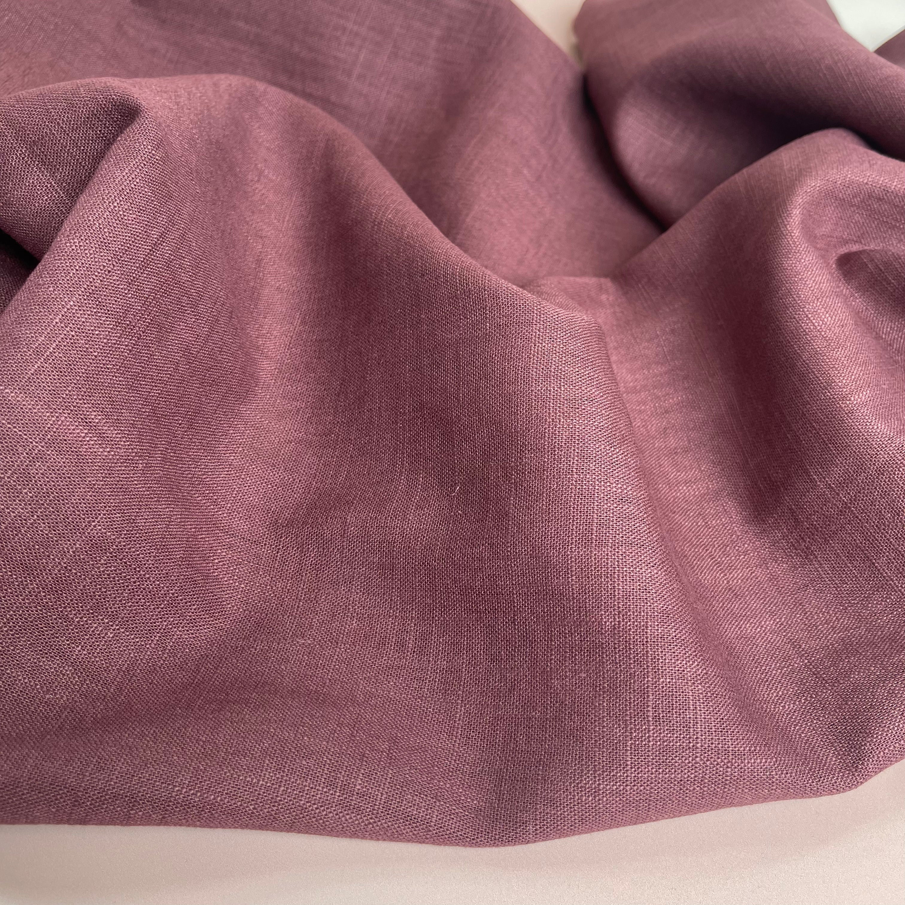 REMNANT 0.25 Metres (plus extra 4cm with fault) Breeze Cream Aubergine - Enzyme Washed Pure Linen Fabric