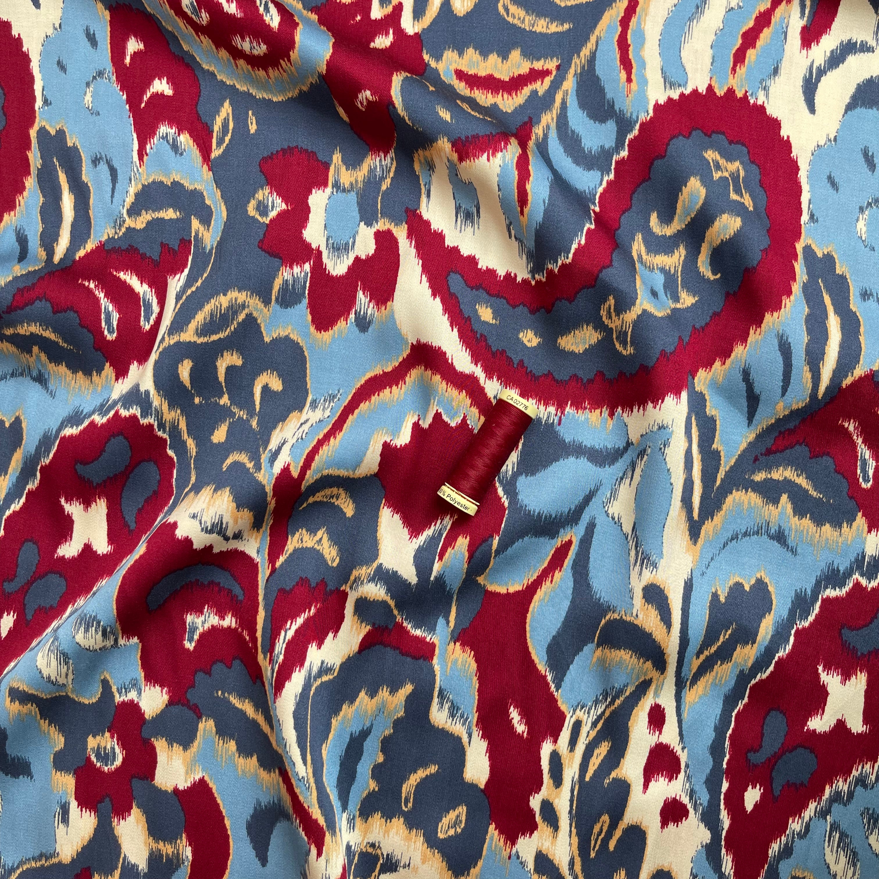 Hazy Paisley Blue and Red Viscose Sateen Fabric