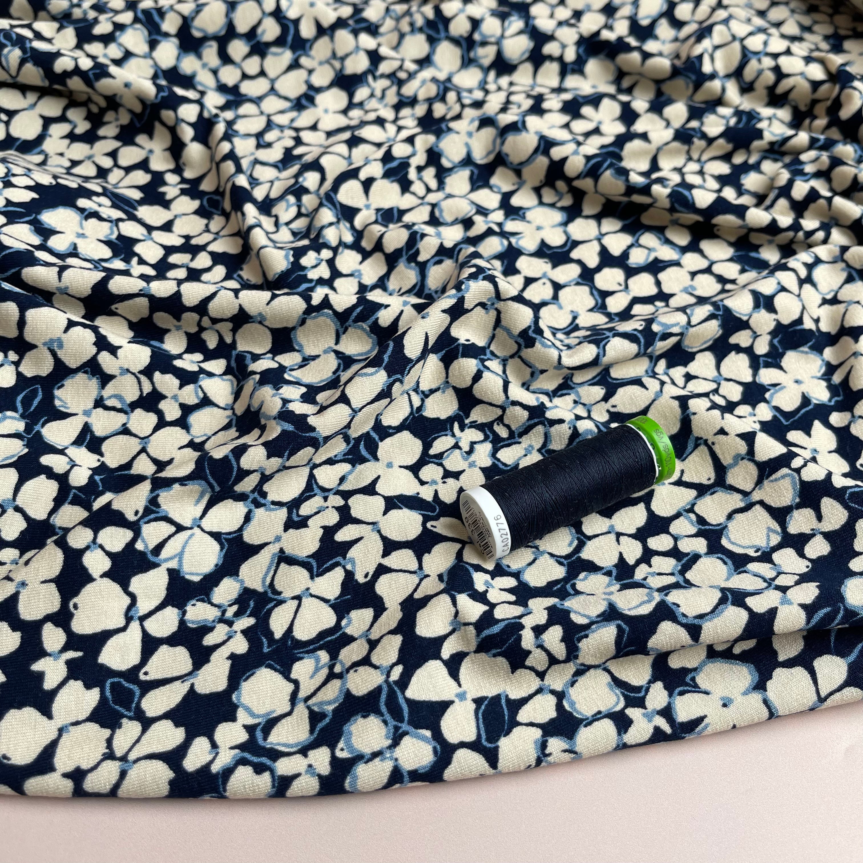 REMNANT 1 Metres - Petals on Navy Viscose Jersey Fabric
