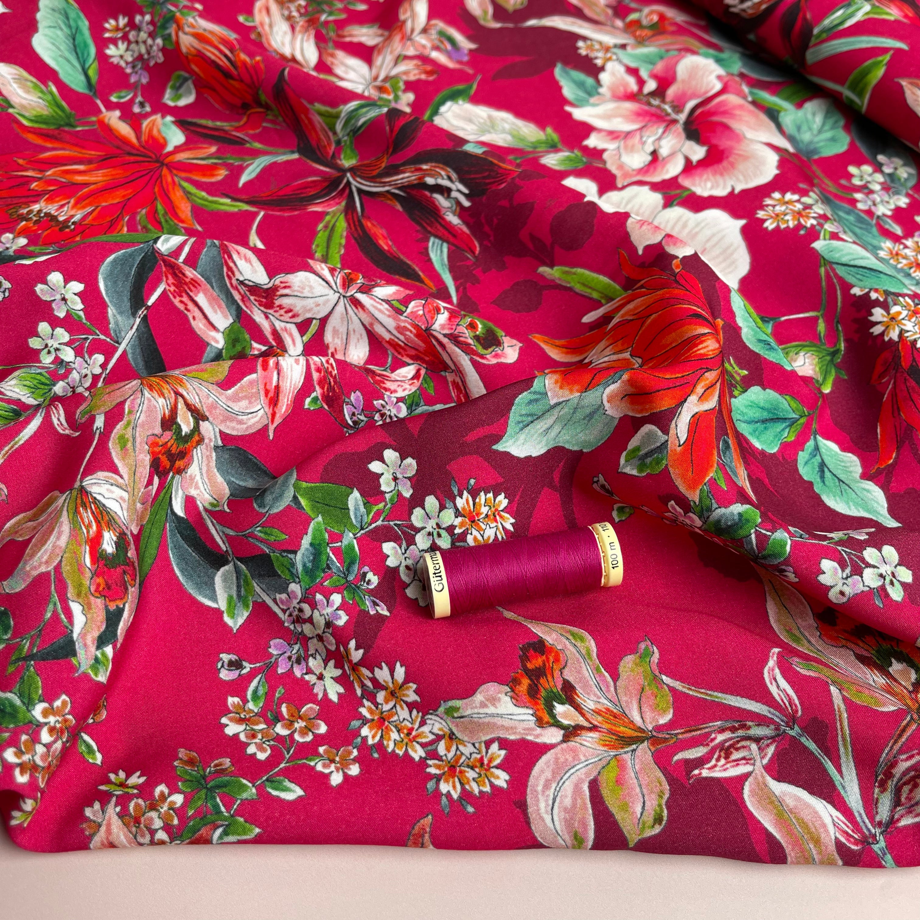 Watercolour Tropics on Fuchsia Viscose Poplin Fabric