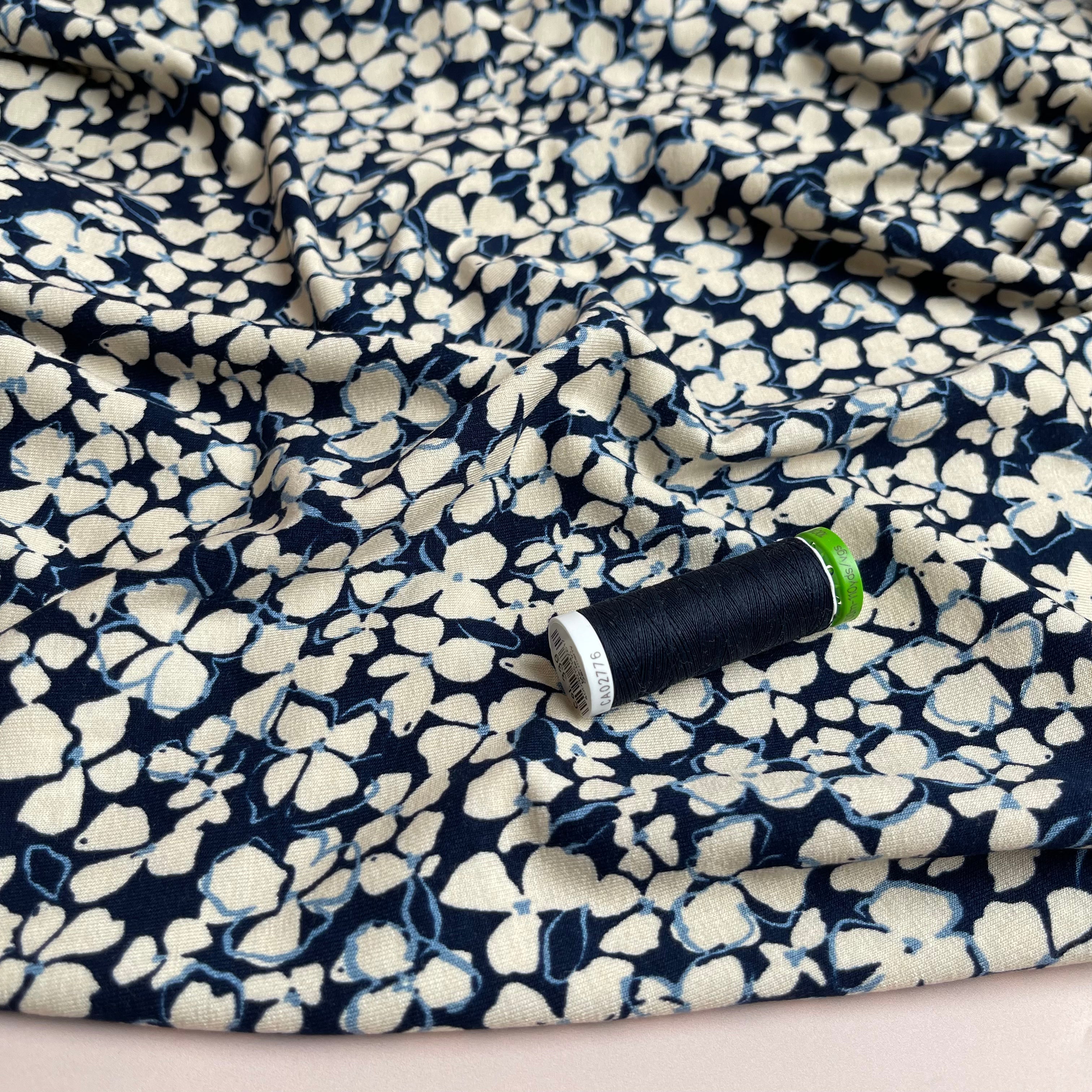 REMNANT 1 Metres - Petals on Navy Viscose Jersey Fabric