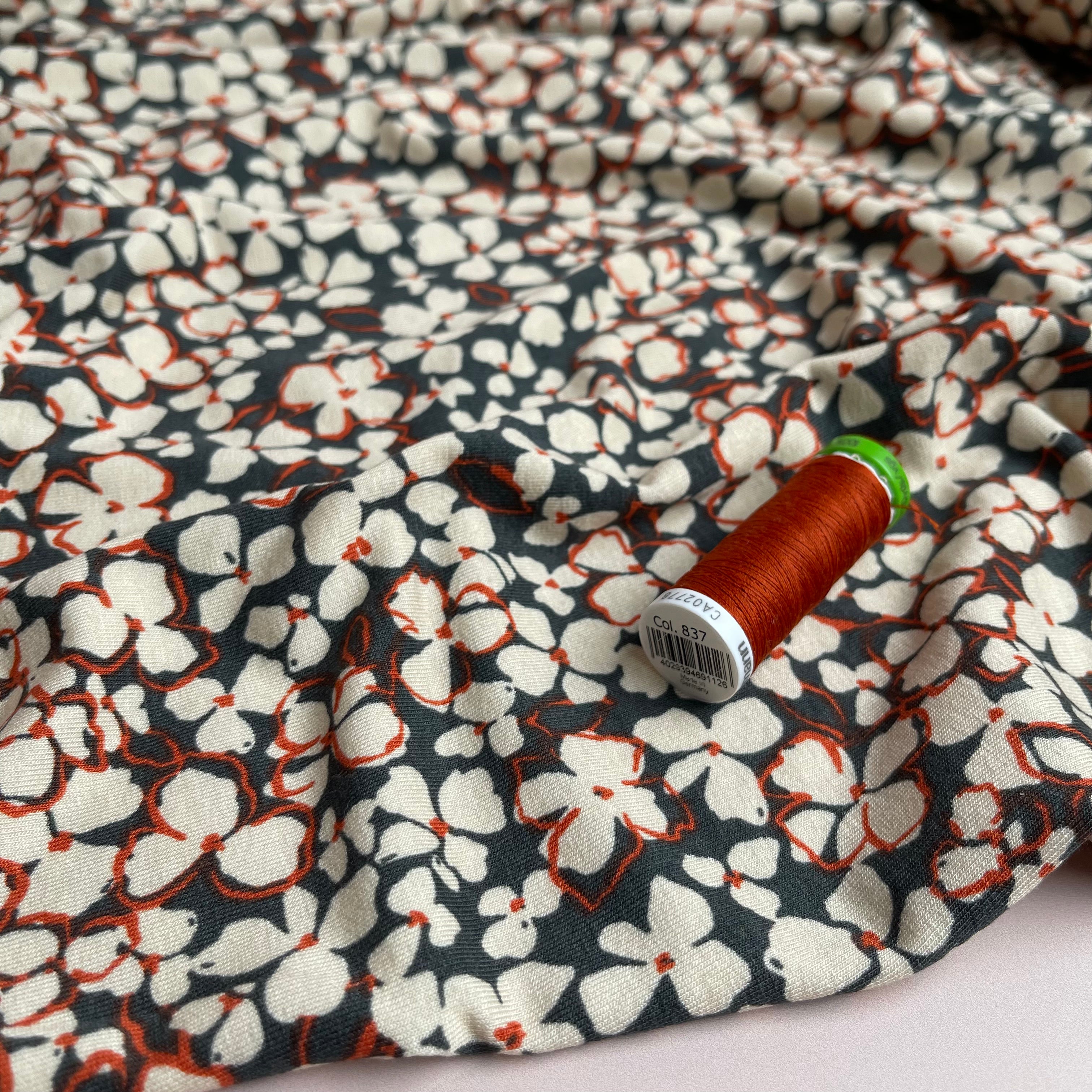 Petals on Grey Viscose Jersey Fabric