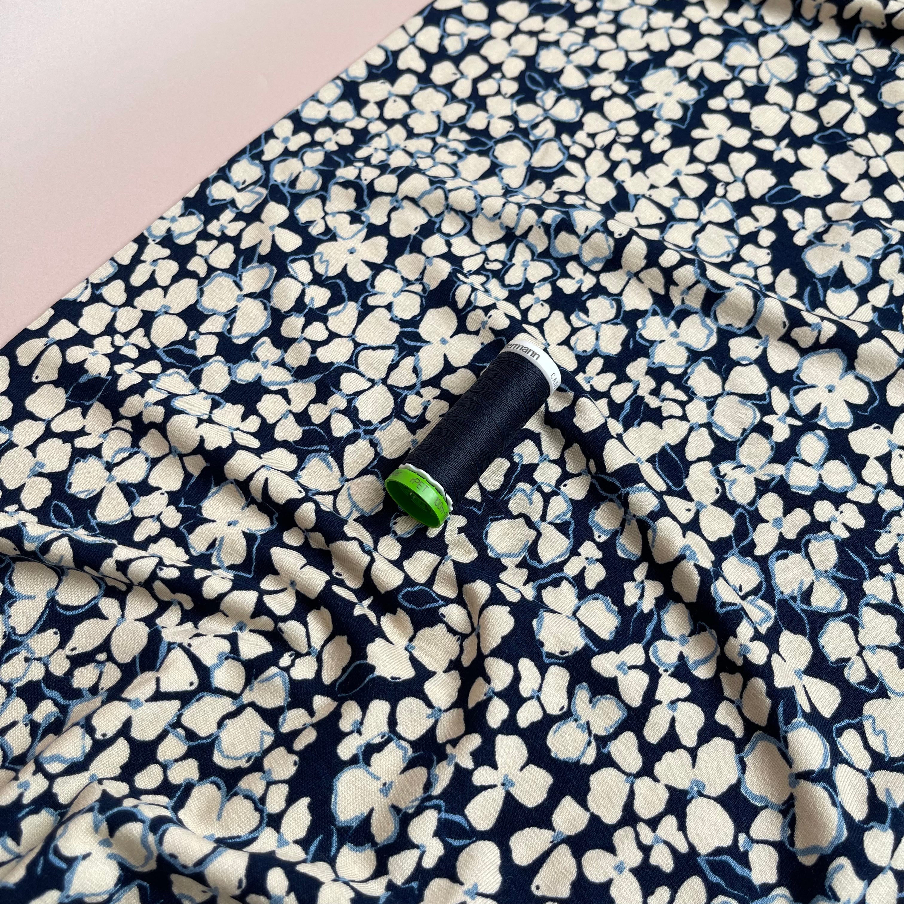 REMNANT 1 Metres - Petals on Navy Viscose Jersey Fabric