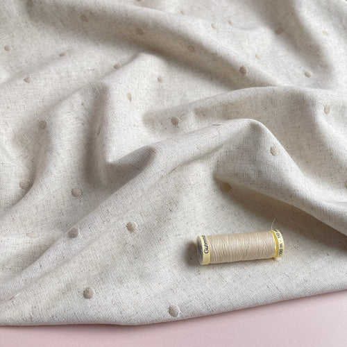 REMNANT 0.49 Metre - Dotty Embroidered Linen Viscose Blend Fabric Natural.