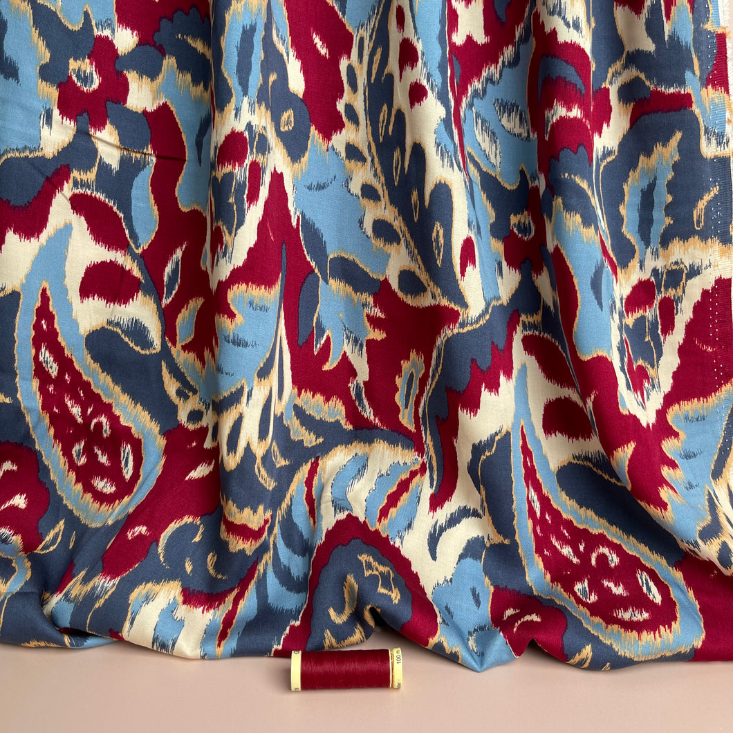 Hazy Paisley Blue and Red Viscose Sateen Fabric