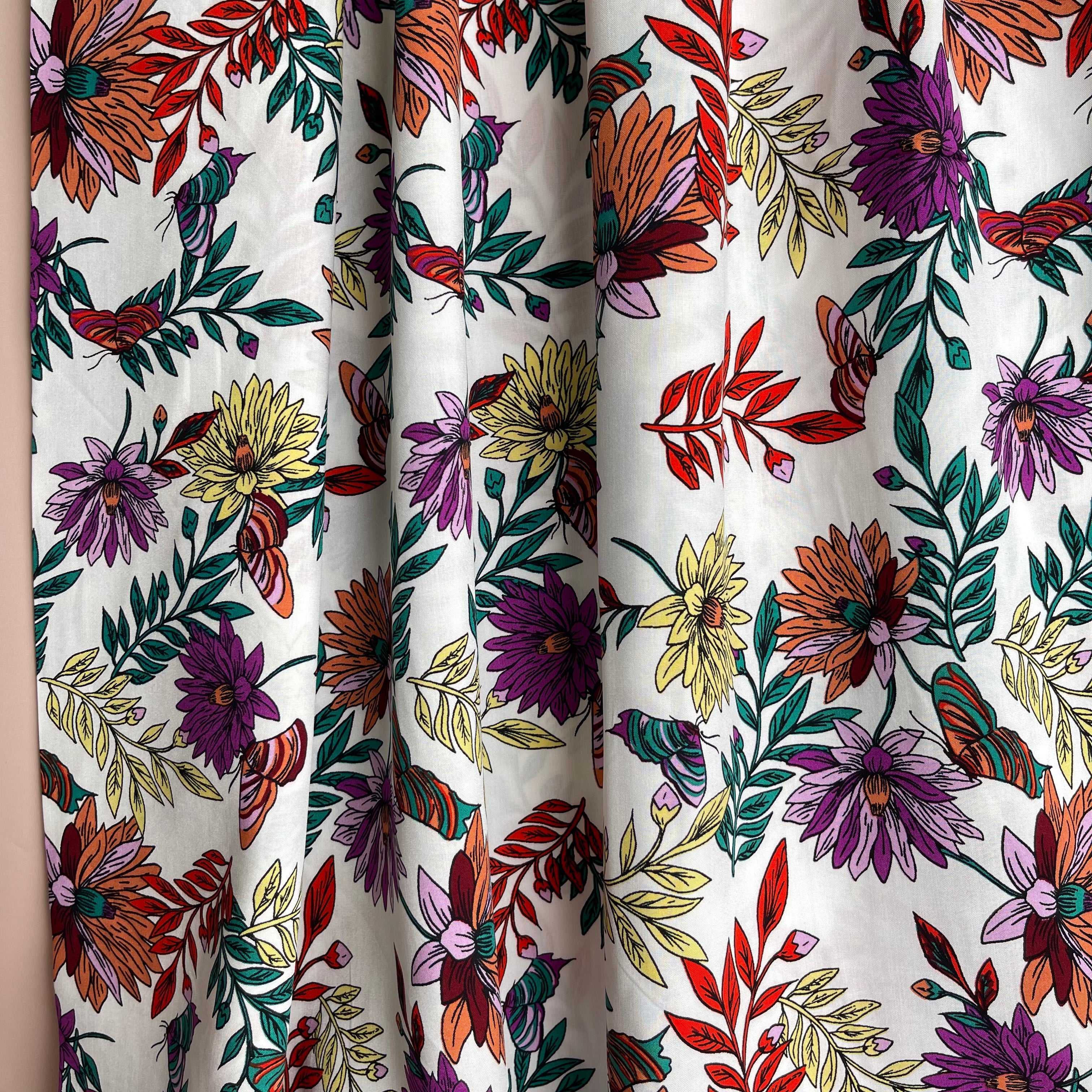 Butterfly Flowers White Viscose Poplin Fabric