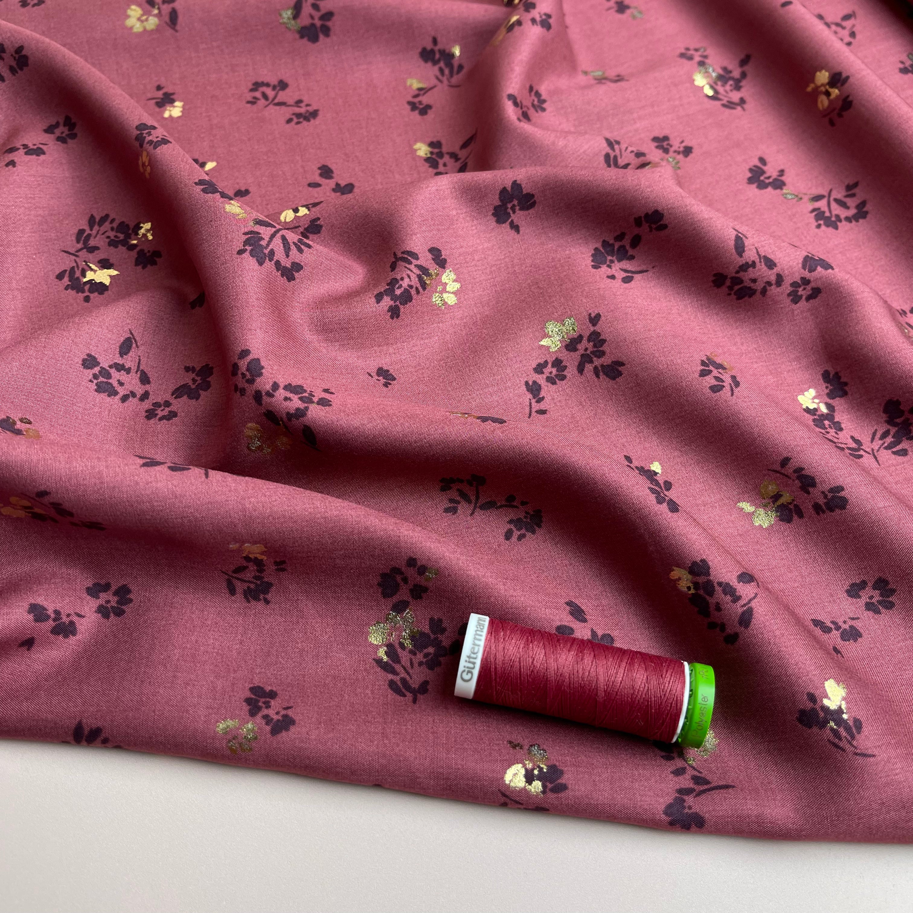 REMNANT 0.83 metres - Sparkle Flowers on Rosewood Viscose Fabric