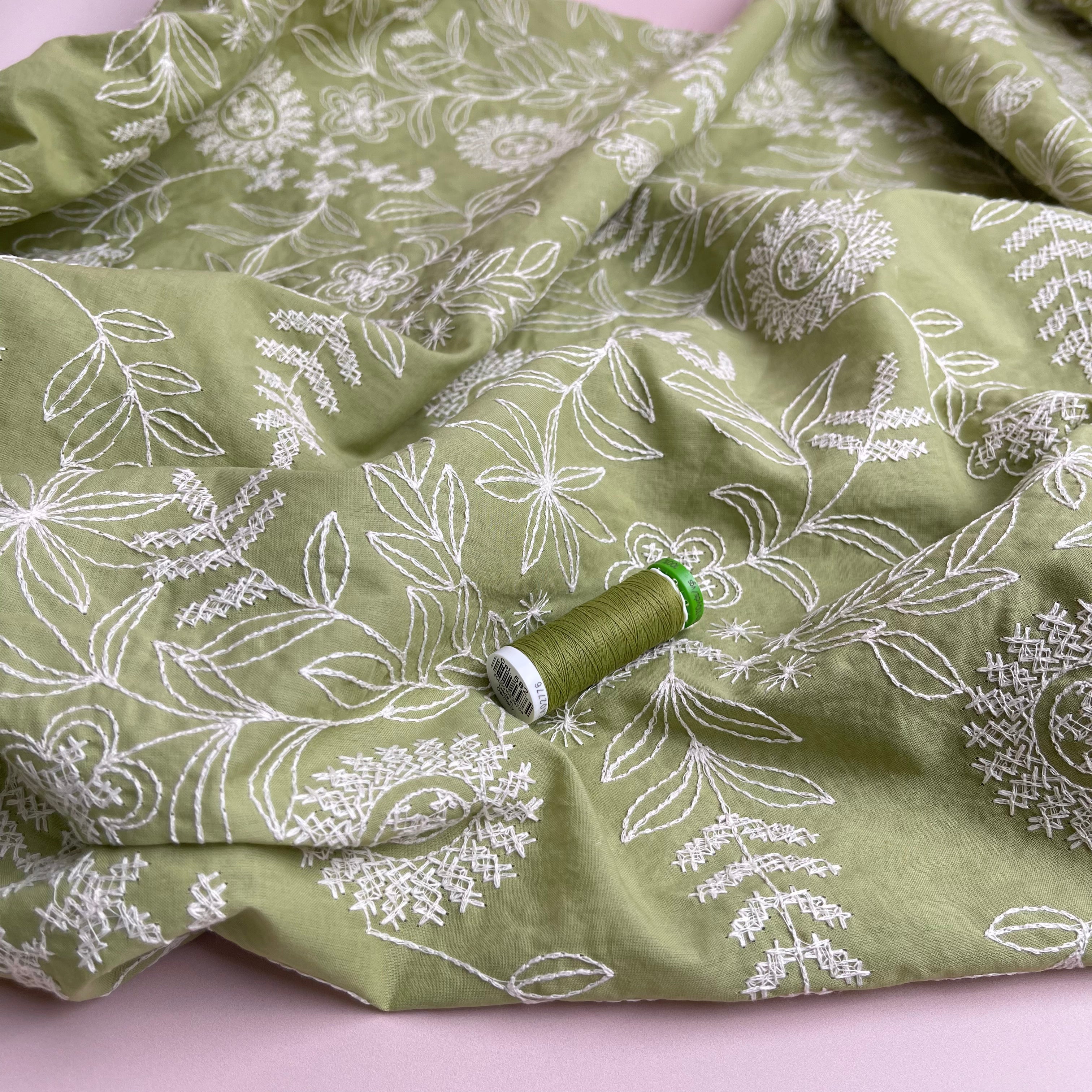 REMNANT 2.10 Metres - Embroidered Wildflowers on Spring Green Cotton Fabric